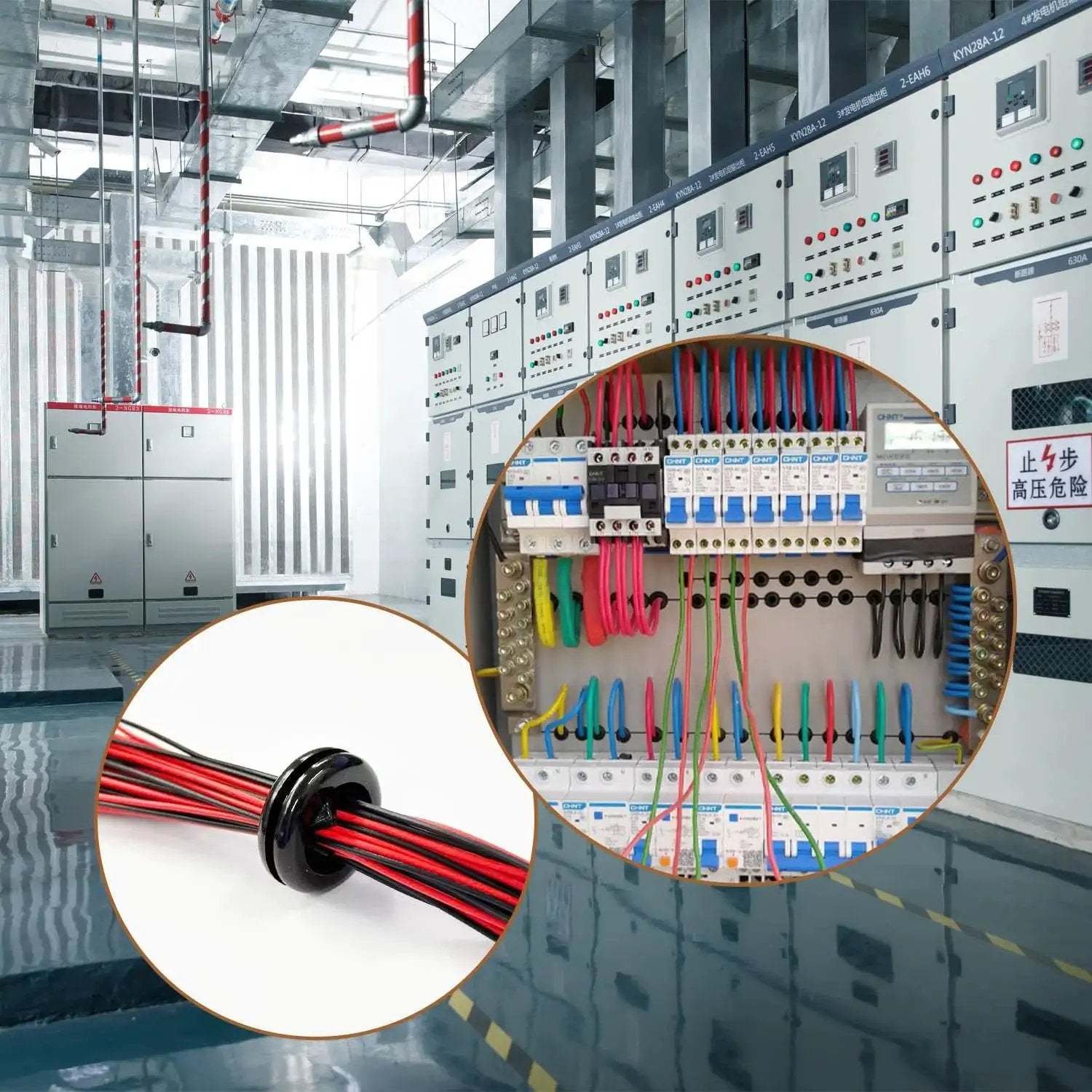 Industrial wiring setup with 44 Piece Rubber Grommet Kit for wiring and firewall applications, featuring durable flexible rubber grommets.