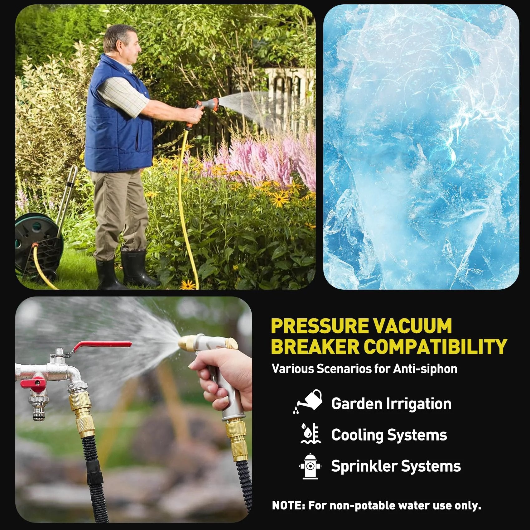 Man using hose with Upgraded 1 Inch 720A Pressure Vacuum Breaker Assembly in garden, anti-siphon systems display.