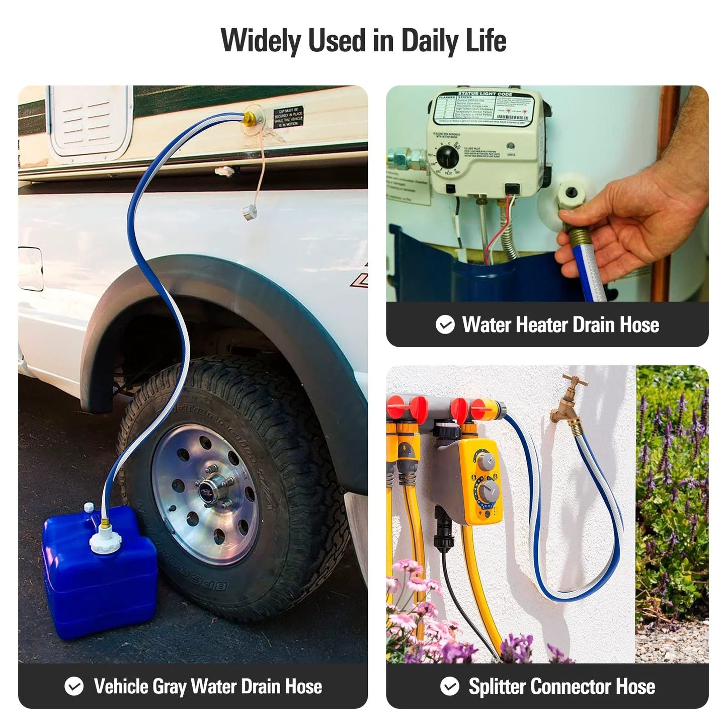 Heavy Duty Short Garden Hose 3/4 Inch By 3 Foot Workhorse Water Pipe For Commercial Use, Reel Cart And Equipment Connection, Kink Free No Leaks With Female To Female Fittings connected to vehicles and equipment
