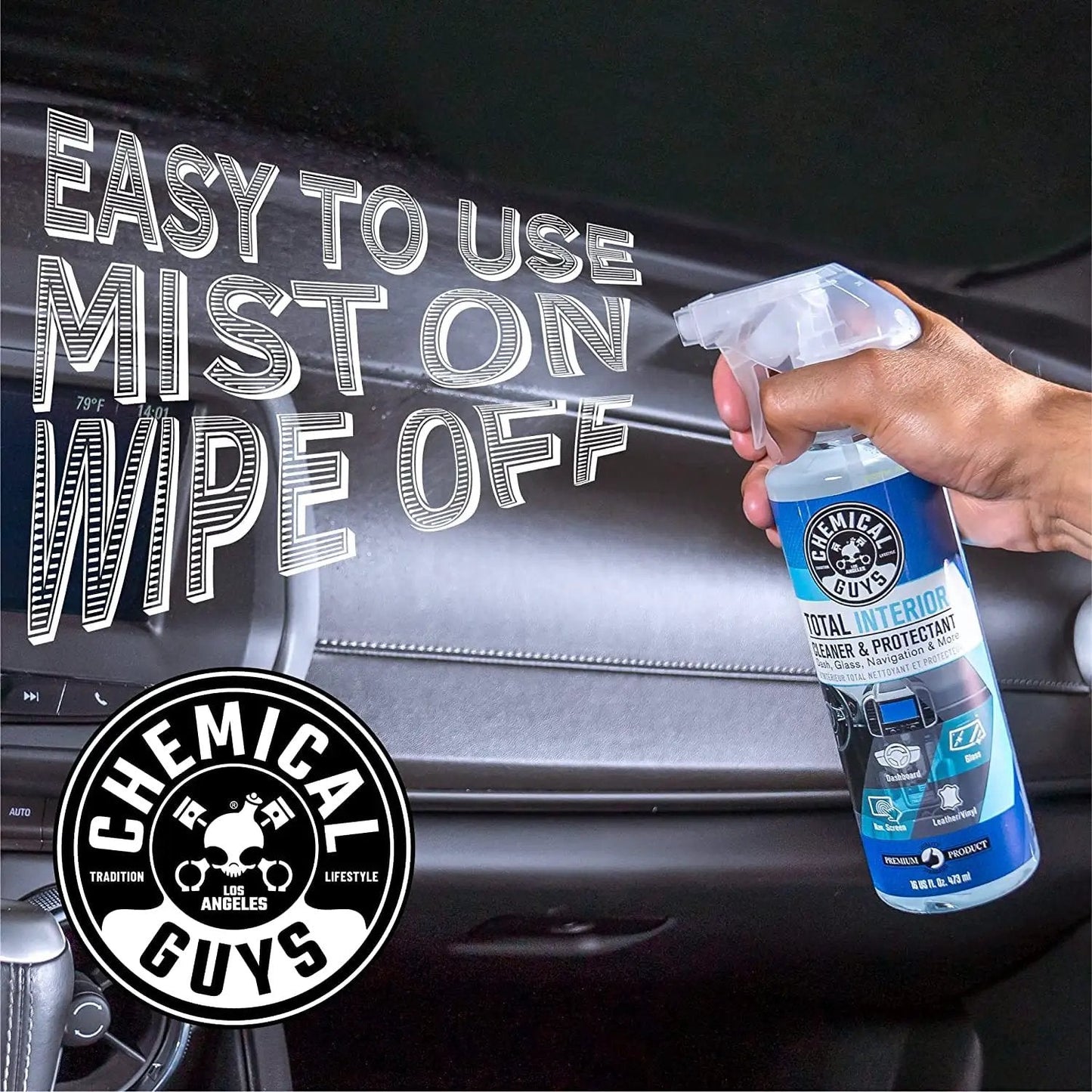 Hand holding a spray bottle of All In One Interior Cleaner And Protectant For Your Ride And All Vehicles Cars Trucks SUVs Motorcycles RVs And More Safe On Leather Vinyl Plastic Carpet Cloth Glass Wood Fresh Scent By Chemical Guys.