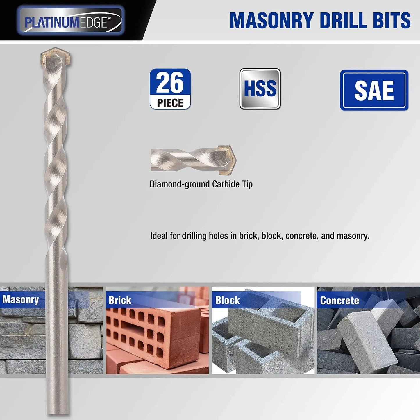 Close-up of masonry drill bit from All In One 140 Piece Drill Bit Set With 88 Titanium Twist Bits 26 Masonry Bits And 26 Brad Point Bits