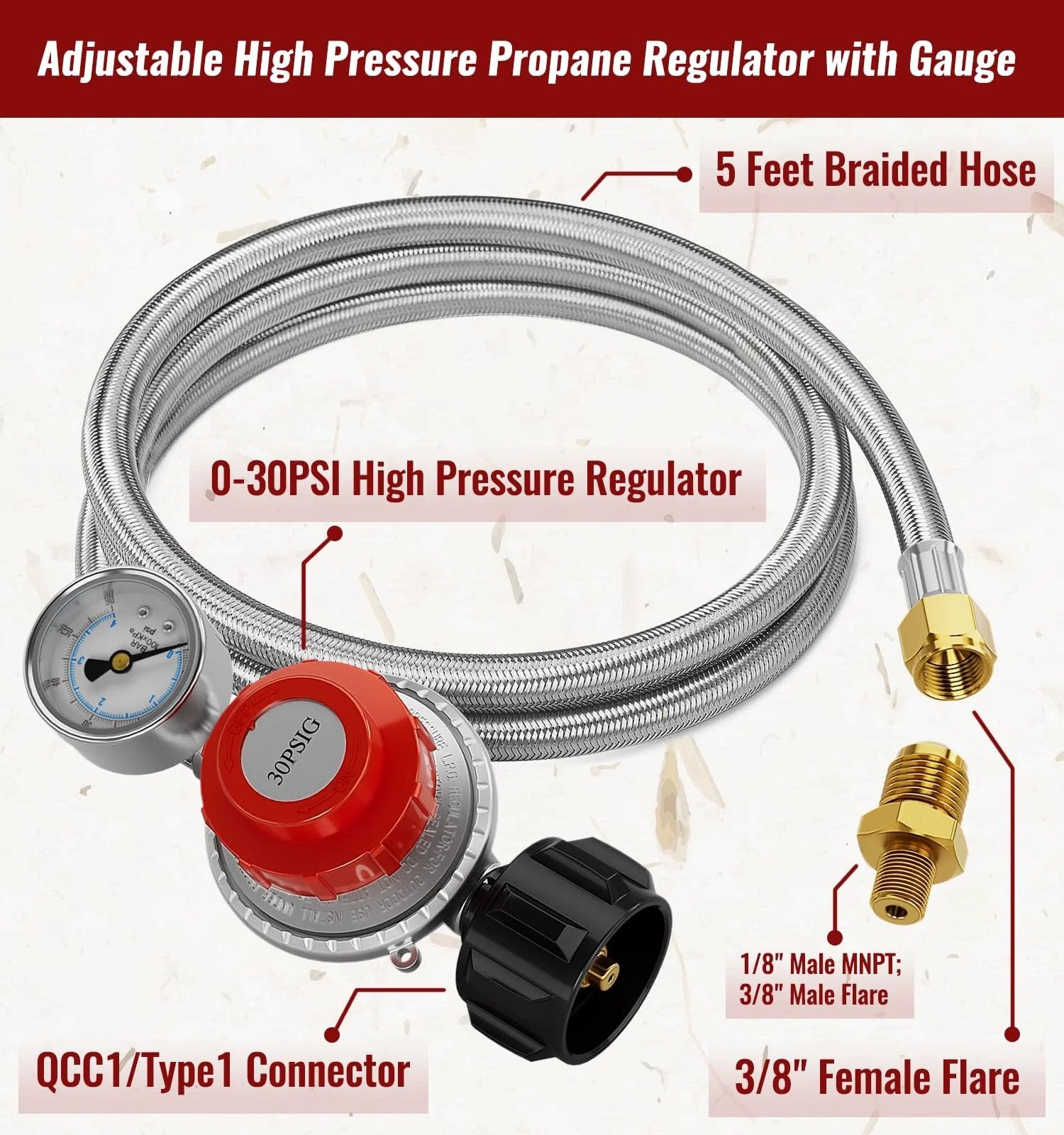5 Ft High Pressure Propane Regulator Hose With Gauge 0-30 PSI Adjustable, Stainless Steel Braided Gas Line components
