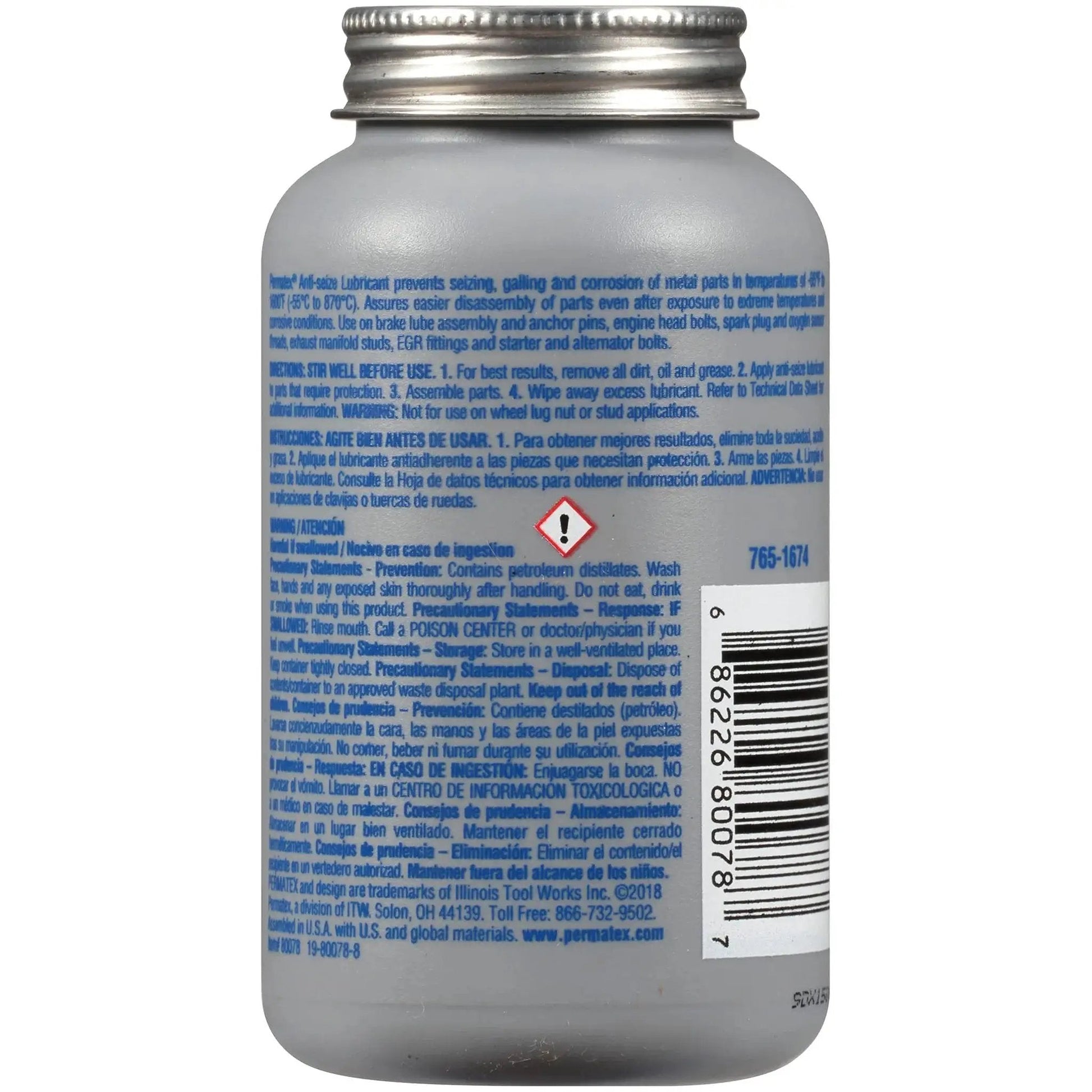Back view of Anti Seize Lubricant With Brush Top Bottle For High Temperature Metal Parts Prevents Galling Corrosion And Seizing In Weather Or Chemical Exposure Aluminum Copper Graphite Lubricant Blend 8 Oz For Easy Assembly And Disassembly Permatex showing instructions and warnings.