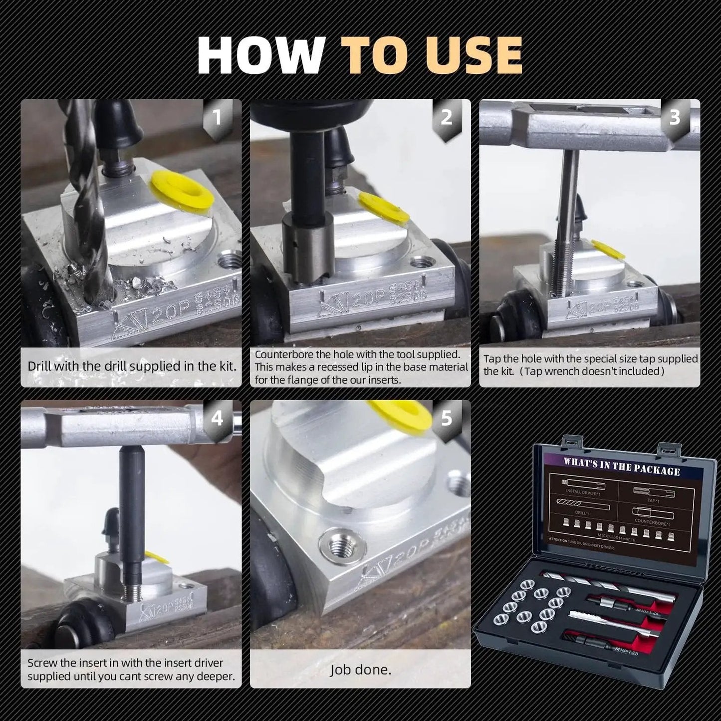 How to use Pro Grade Stainless Steel M10x1.25 Thread Repair Kit With 14mm Inserts, 10 Pieces, Includes HSS Drill, Tap, Counterbore And Installation Driver For Rebuilding Damaged Threads, Stronger Than Helicoil And Built To Last with step-by-step images.