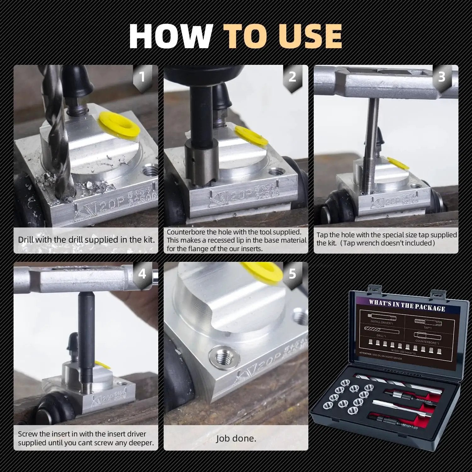 How to use Pro Grade Stainless Steel M10x1.25 Thread Repair Kit With 14mm Inserts, 10 Pieces, Includes HSS Drill, Tap, Counterbore And Installation Driver For Rebuilding Damaged Threads, Stronger Than Helicoil And Built To Last with step-by-step images.