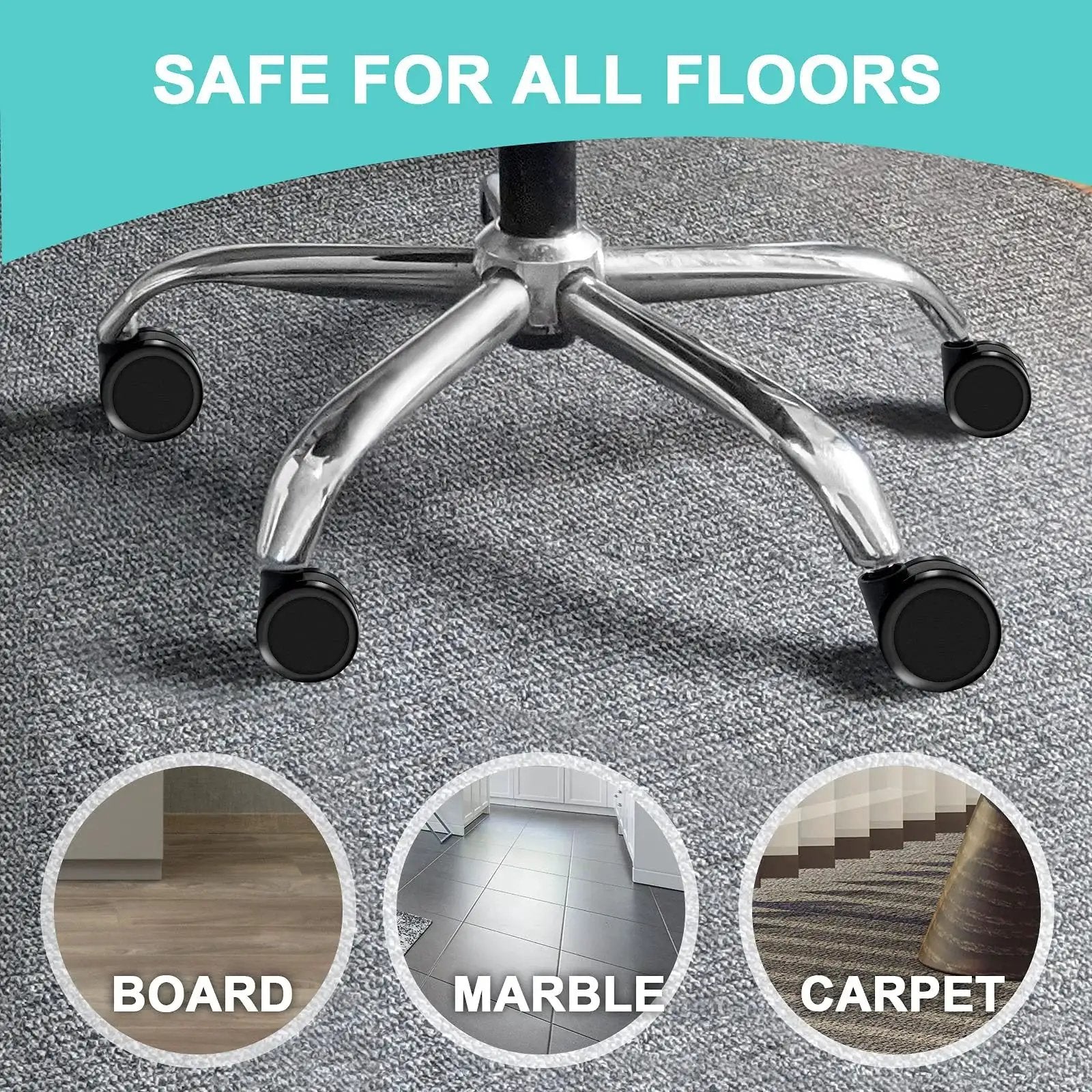 Replacement Office Chair Wheels Set showing smooth gliding caster wheels on carpet, safe for all floor types.
