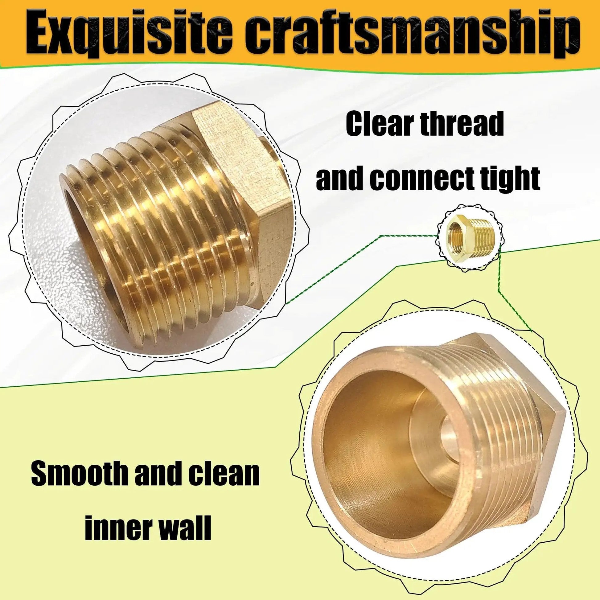 Two Pack Beefy Brass Three Eighths Inch Male To One Quarter Inch Female NPT Reducer Bushing Fitting showcasing craftsmanship.