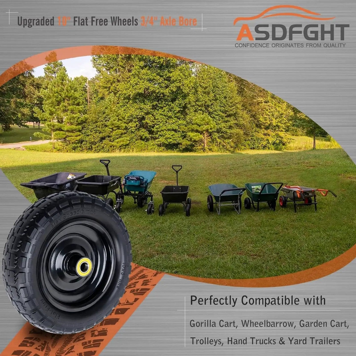 Solid 10 Inch Polyurethane Tires 4.10/3.50-4 Flat Free With 3/4 Inch Bearings And 2.17 Inch Offset Hub, shown with carts