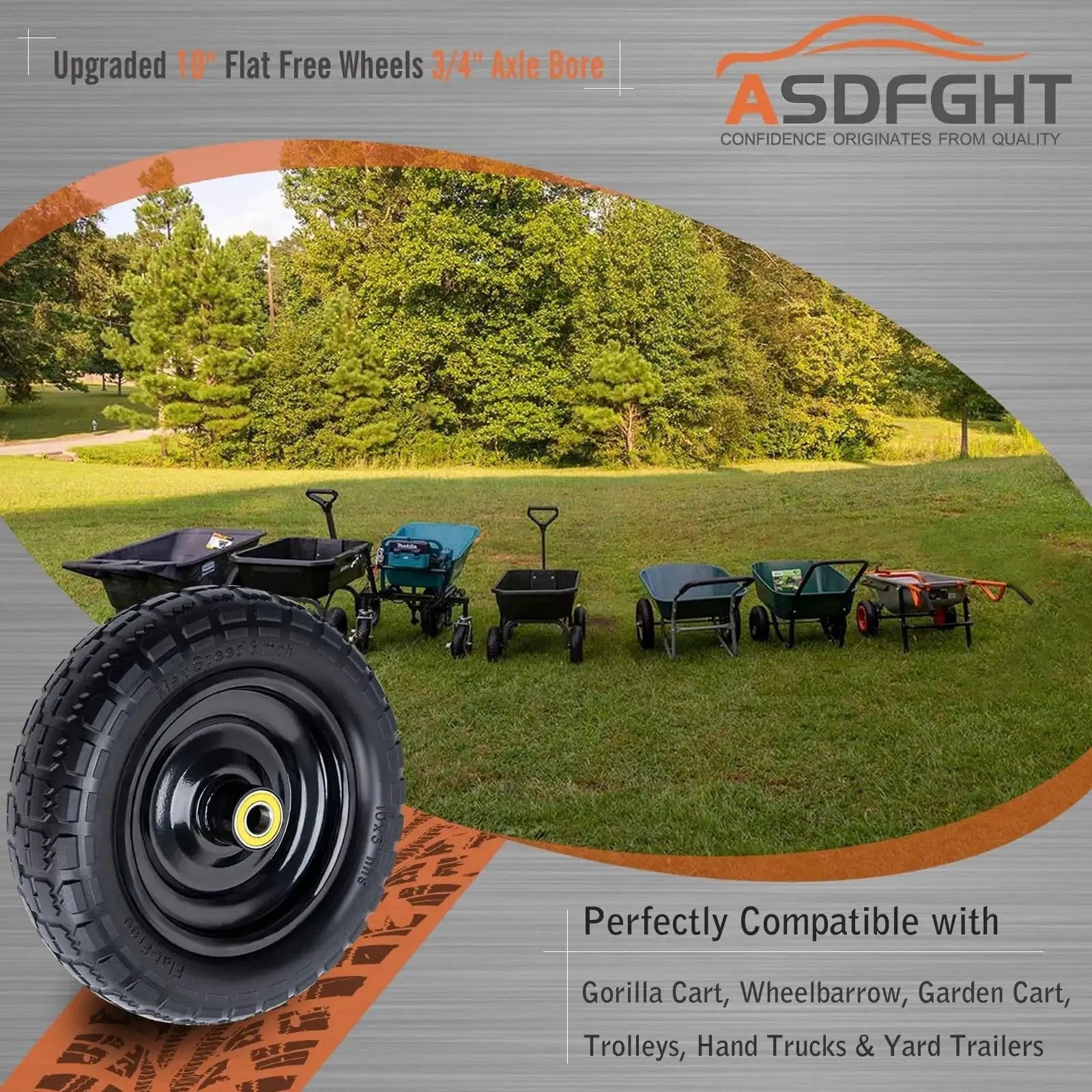 Solid 10 Inch Polyurethane Tires 4.10/3.50-4 Flat Free With 3/4 Inch Bearings And 2.17 Inch Offset Hub, shown with carts