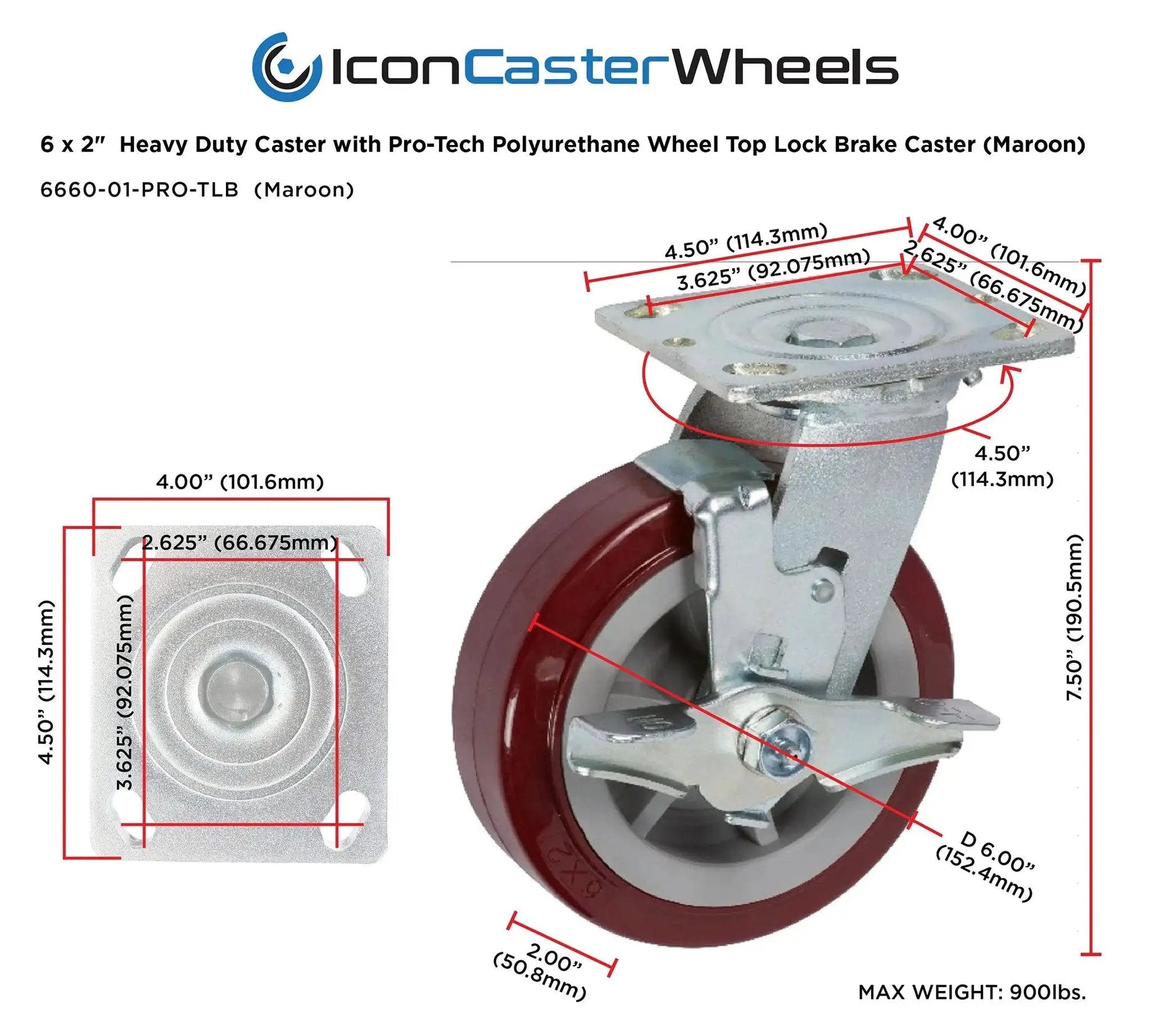 Heavy Duty Industrial Casters 6 Inch By 2 Inch With Top Plate 4 By 4.5 Maroon Two Rigid And Two Swivel Casters With Top Lock Brakes Non Marking Pro Tech Polyurethane Wheels Load Capacity 3600 Lbs Per Set Of Four, side view showing dimensions.