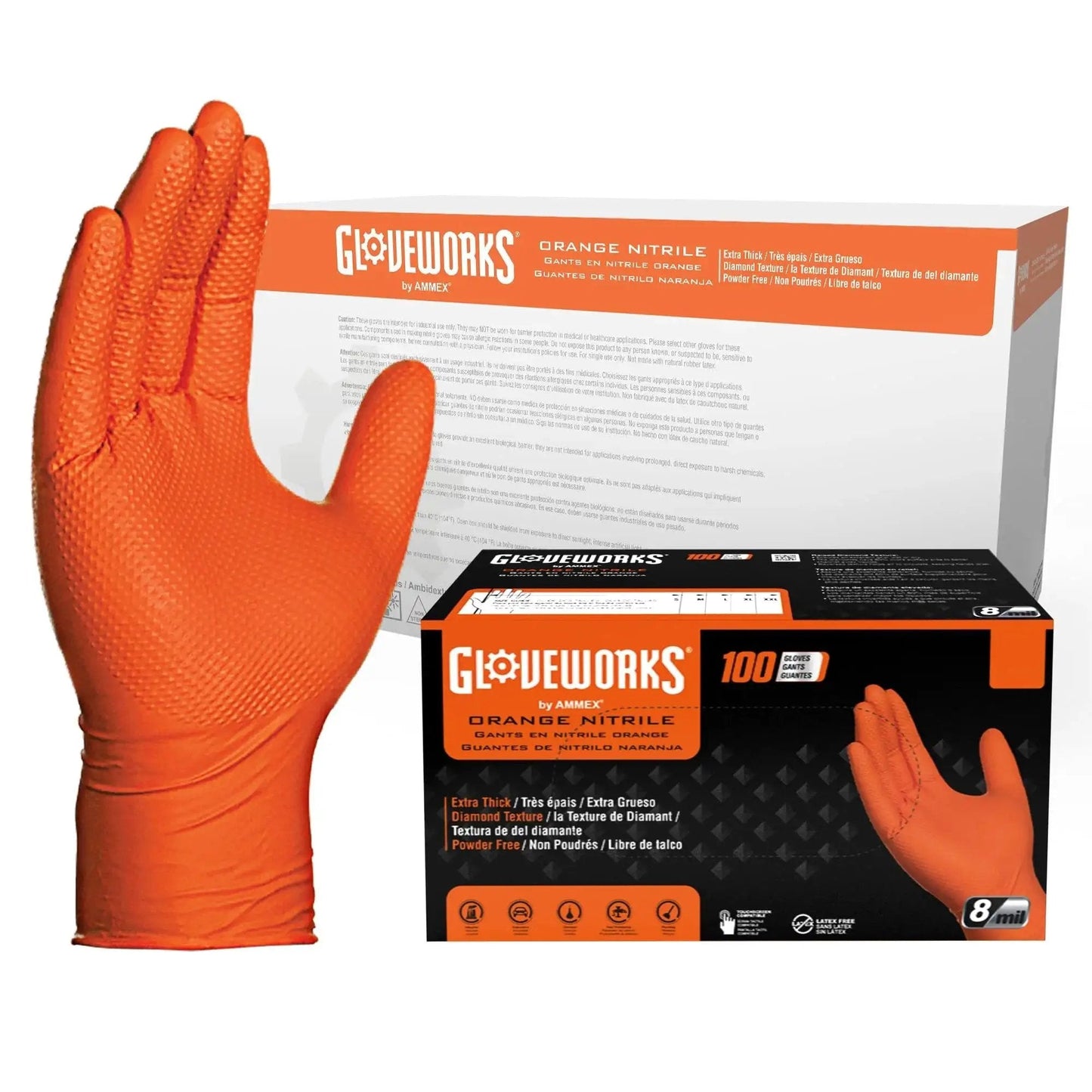 Orange Nitrile 8 Mil Heavy Duty Gloves With Raised Diamond Grip For Mechanics XL, shown with packaging.