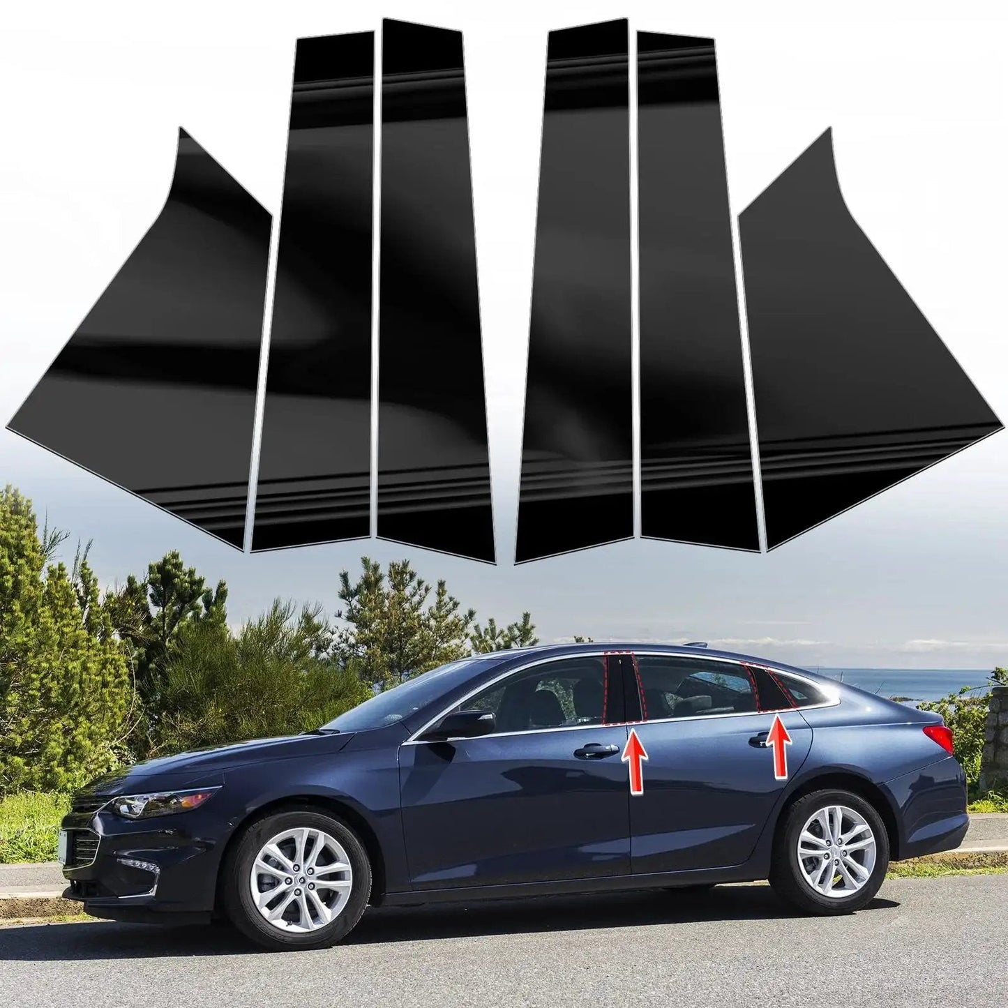 Chevrolet Malibu Door Pillar Trim Covers 2016 To 2021 Glossy Black 6Pcs shown with installed view on a blue Malibu vehicle