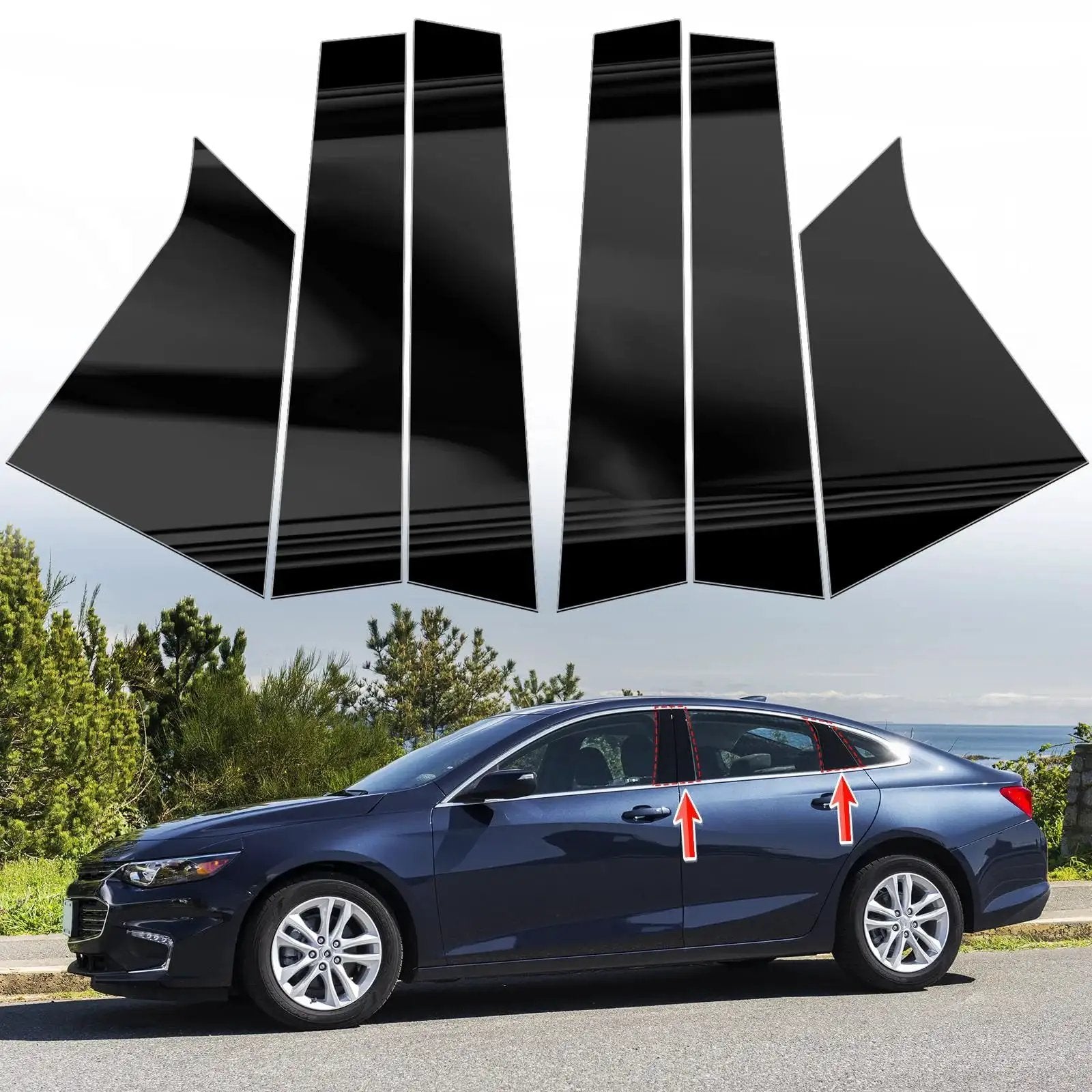 Chevrolet Malibu Door Pillar Trim Covers 2016 To 2021 Glossy Black 6Pcs shown with installed view on a blue Malibu vehicle