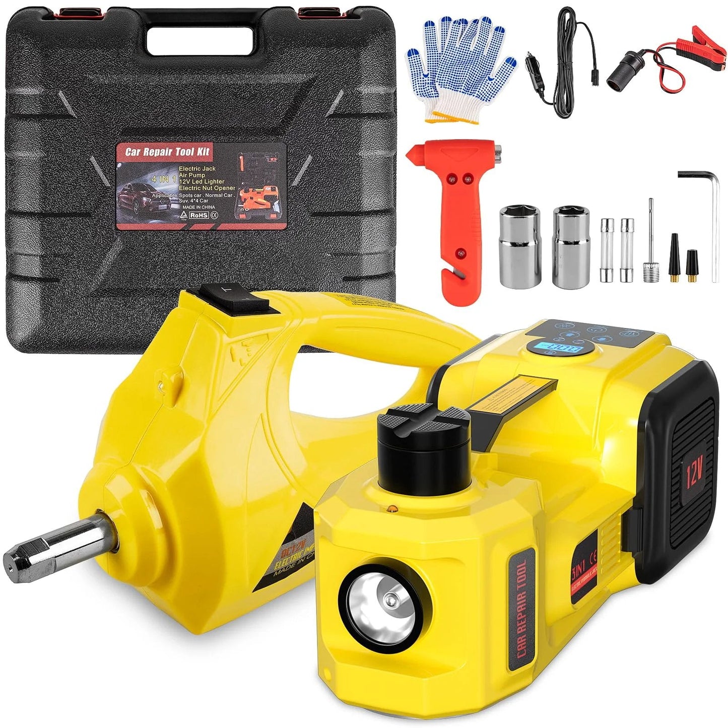 5 Ton Electric Car Jack With 12V Digital Display All In One Tool With E Impact Wrench Tire Inflator Pump And LED Light Lifting Range 6.1 To 17.7 Inches Fits Sedan SUV And Truck For Quick Tire Changes
