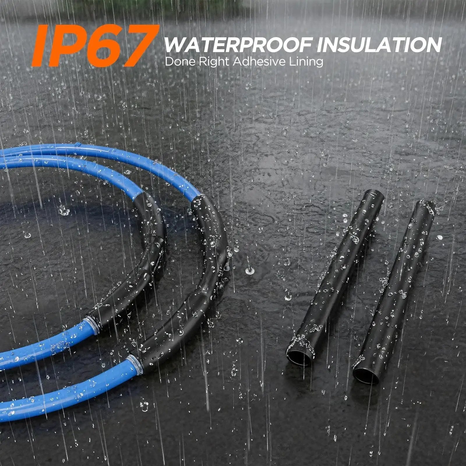 7 Size Heat Shrink Tubing Kit 4 To 1 Shrink Ratio Marine Grade Waterproof 54 Ft, shown with waterproof IP67 tubing in rain.