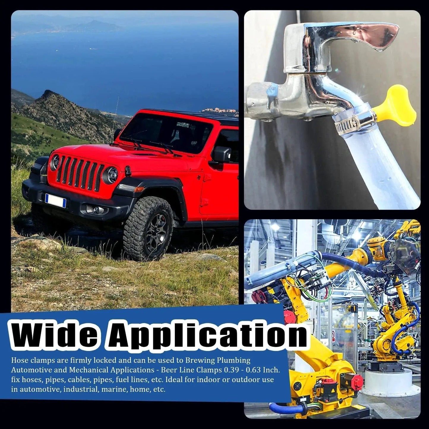 Collage showing adjustable 19-29mm hose clamps in use on a car, plumbing pipe, and industrial machinery. Product focus: Adjustable 19-29mm Hose Clamps Set With Key Type Worm Gear, 20Pcs Stainless Steel 304 Clamps With Plastic Handle For Water Pipes, Plumbing, Automotive And Mechanical DIY Projects, Built Tough, Easy To Install.