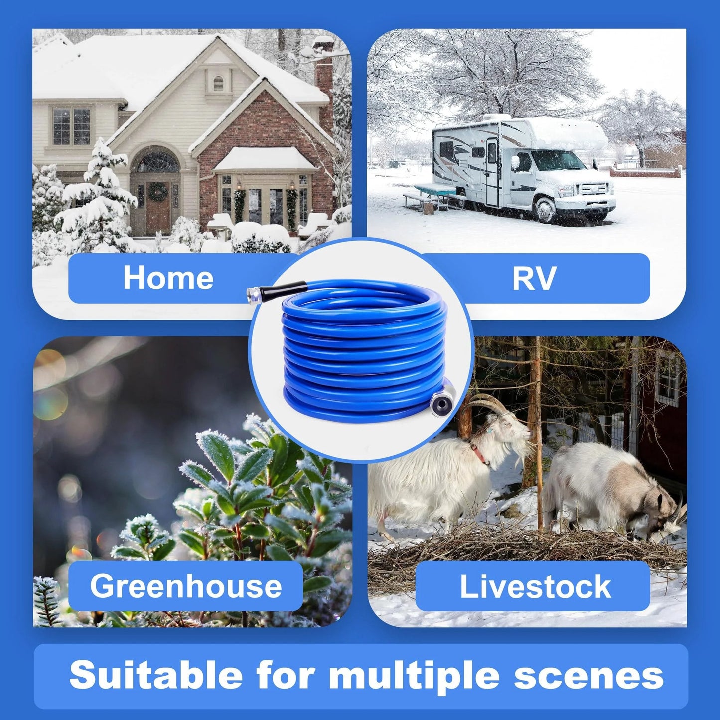 Collage of heated water hose use in home, RV, greenhouse, and livestock. Heated Water Hose for RV and Garden with Self Regulating Tech and Leakage Protection No Fuss Winter Ready Five Eighths Inch Inner Diameter and Three Quarters Inch NH Fittings Ten to Fifty Feet at 120 Volts by XPORTION.