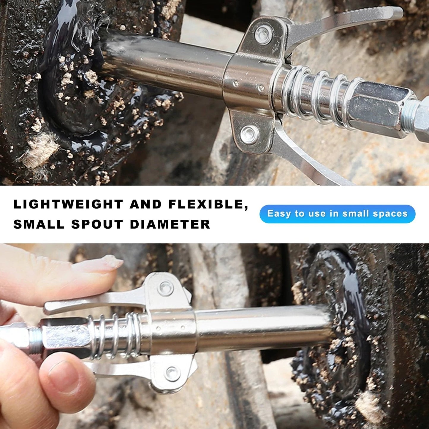 Double Handles Quick Release Grease Gun Coupler With Six Thickened Jaws, 12,000 PSI High Pressure, used on machinery.