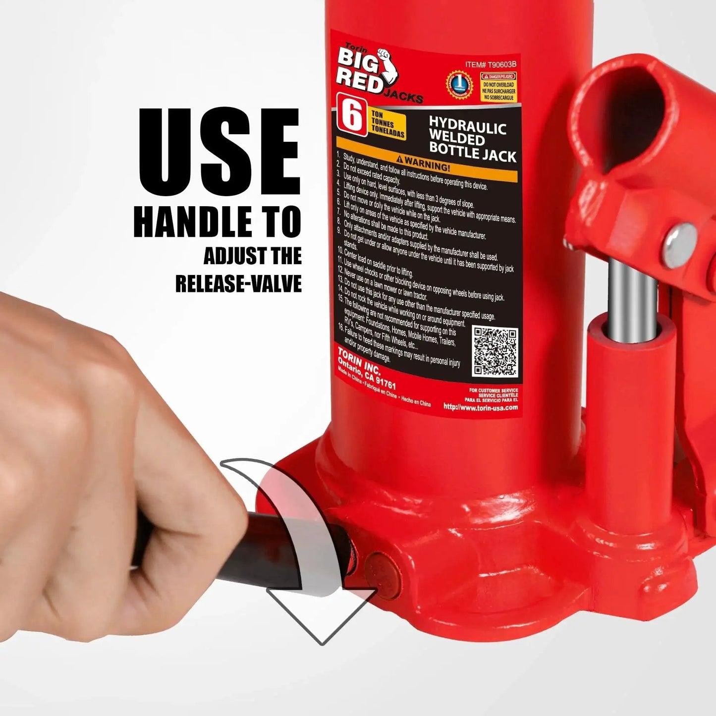 Close-up of a Hydraulic Bottle Jack 6 Ton Capacity With Wide Lift Range And Top Extension showing handle use for release-valve adjustment.