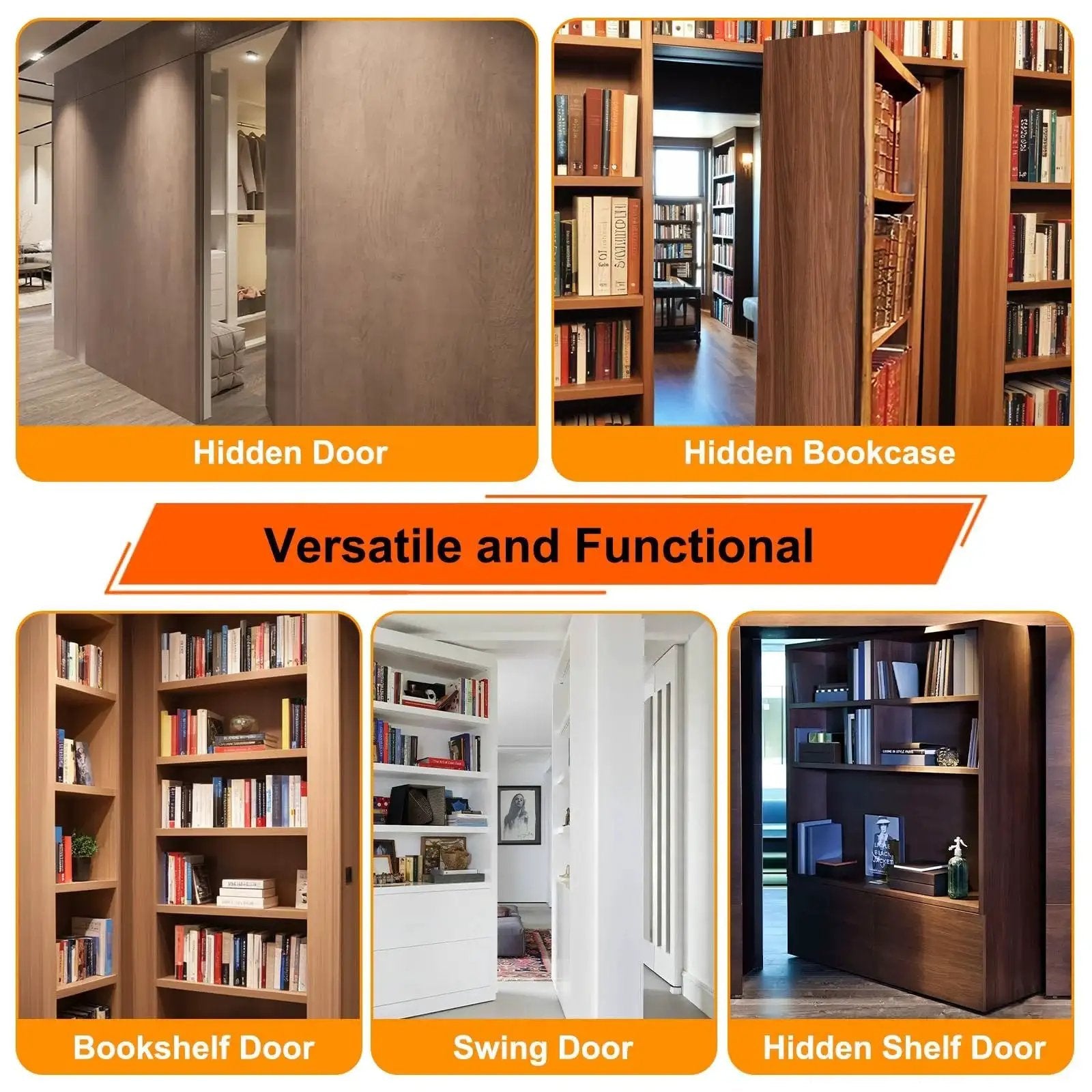 Collage of hidden door applications with bookcase, swing door, and bookshelf using Hidden Door Hinge Beefy 570 Lbs Load Bearing 360 Degree Pivot.