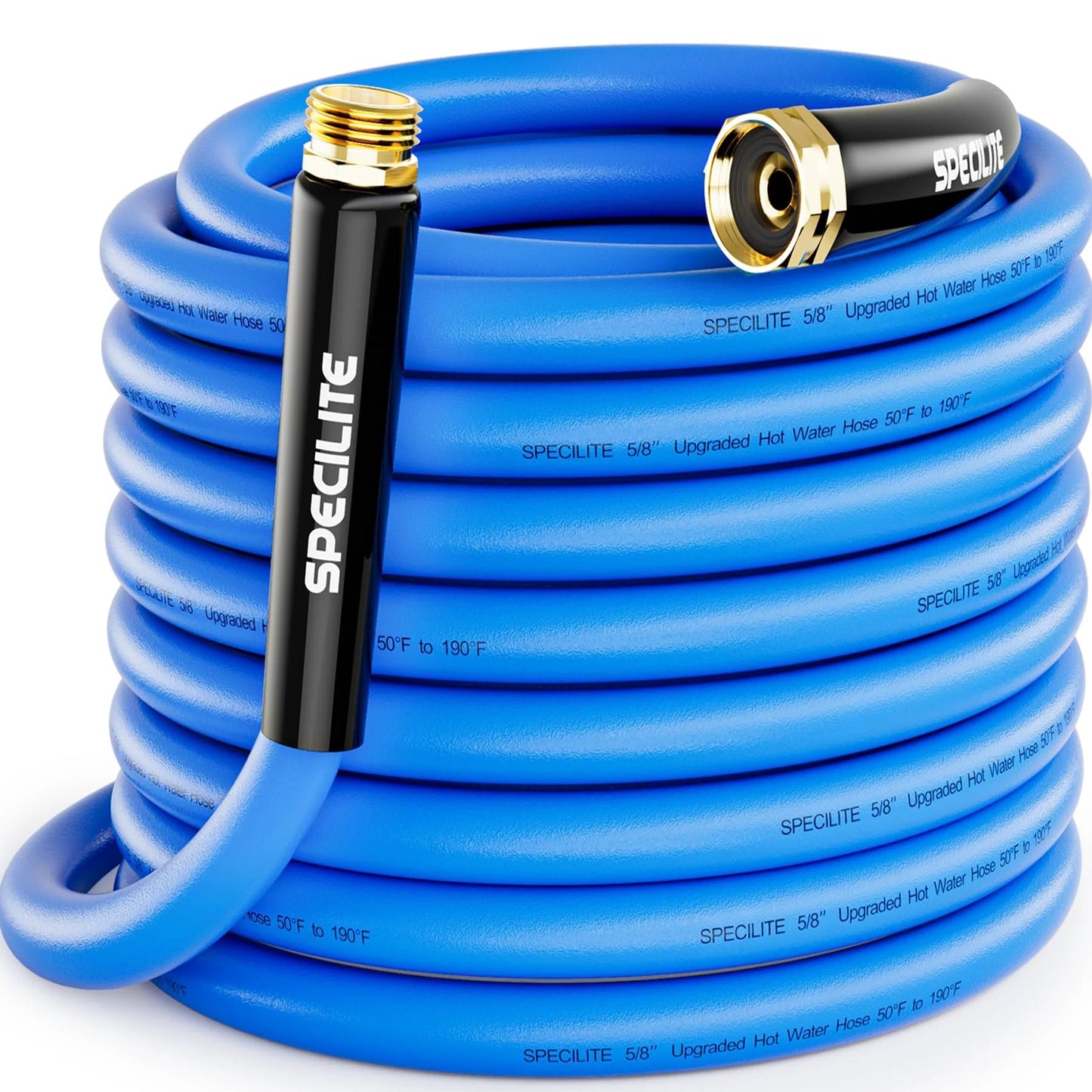 Tough As Nails Heavy Duty Garden Hose 50 Feet Long 5 Eighth Inch Diameter Hot Cold Water Flexible Rubber Hose With Three Quarter Inch Brass Fittings Burst Pressure 605 PSI Lightweight Blue For Backyard Outdoor Farm Minus Fifty To One Hundred Ninety coiled with brass fittings.