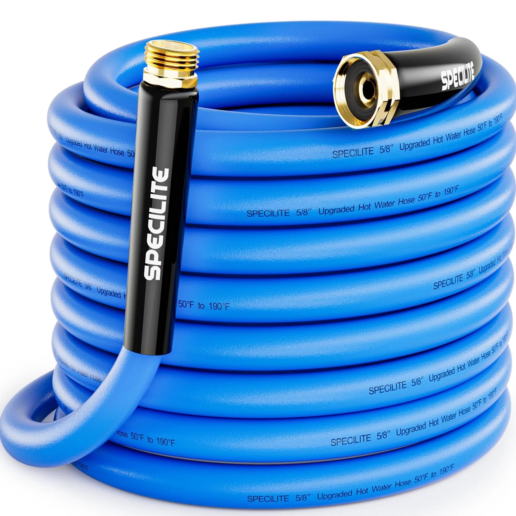 Tough As Nails Heavy Duty Garden Hose 50 Feet Long 5 Eighth Inch Diameter Hot Cold Water Flexible Rubber Hose With Three Quarter Inch Brass Fittings Burst Pressure 605 PSI Lightweight Blue For Backyard Outdoor Farm Minus Fifty To One Hundred Ninety coiled with brass fittings.