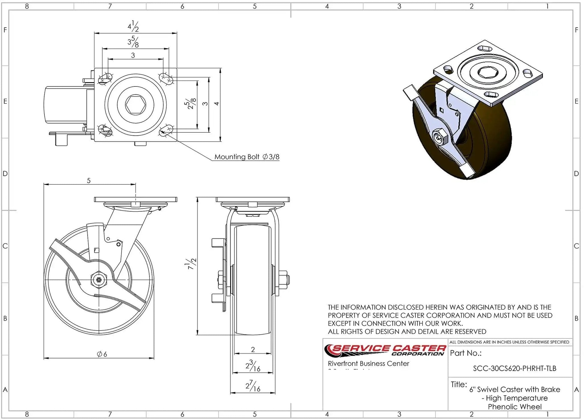 Technical diagram of heavy duty high temperature phenolic swivel top plate caster, 6 inch wheel, Service Caster brand, labeled details