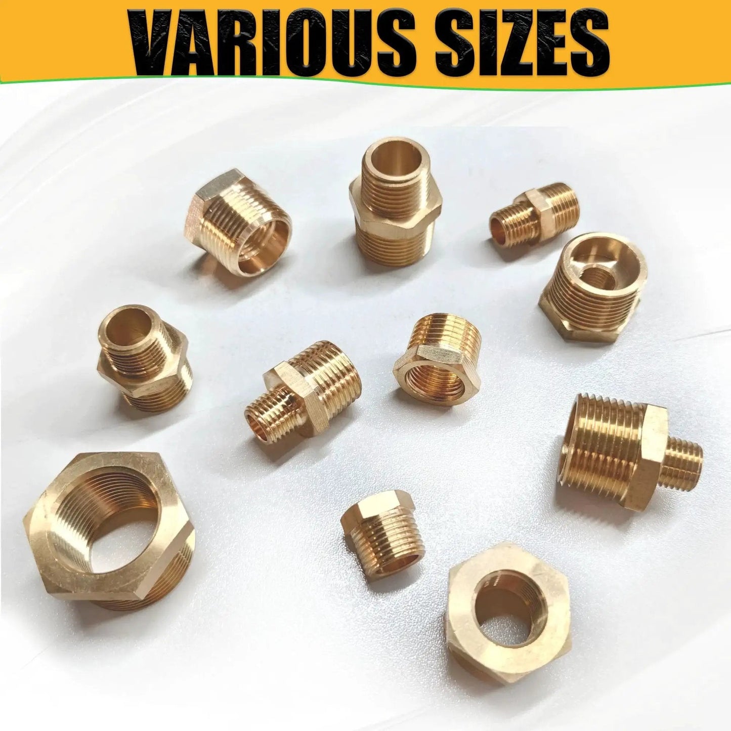 Assorted brass fittings including Two Pack Beefy Brass Three Eighths Inch Male To One Quarter Inch Female NPT Reducer Bushing Fitting visible.