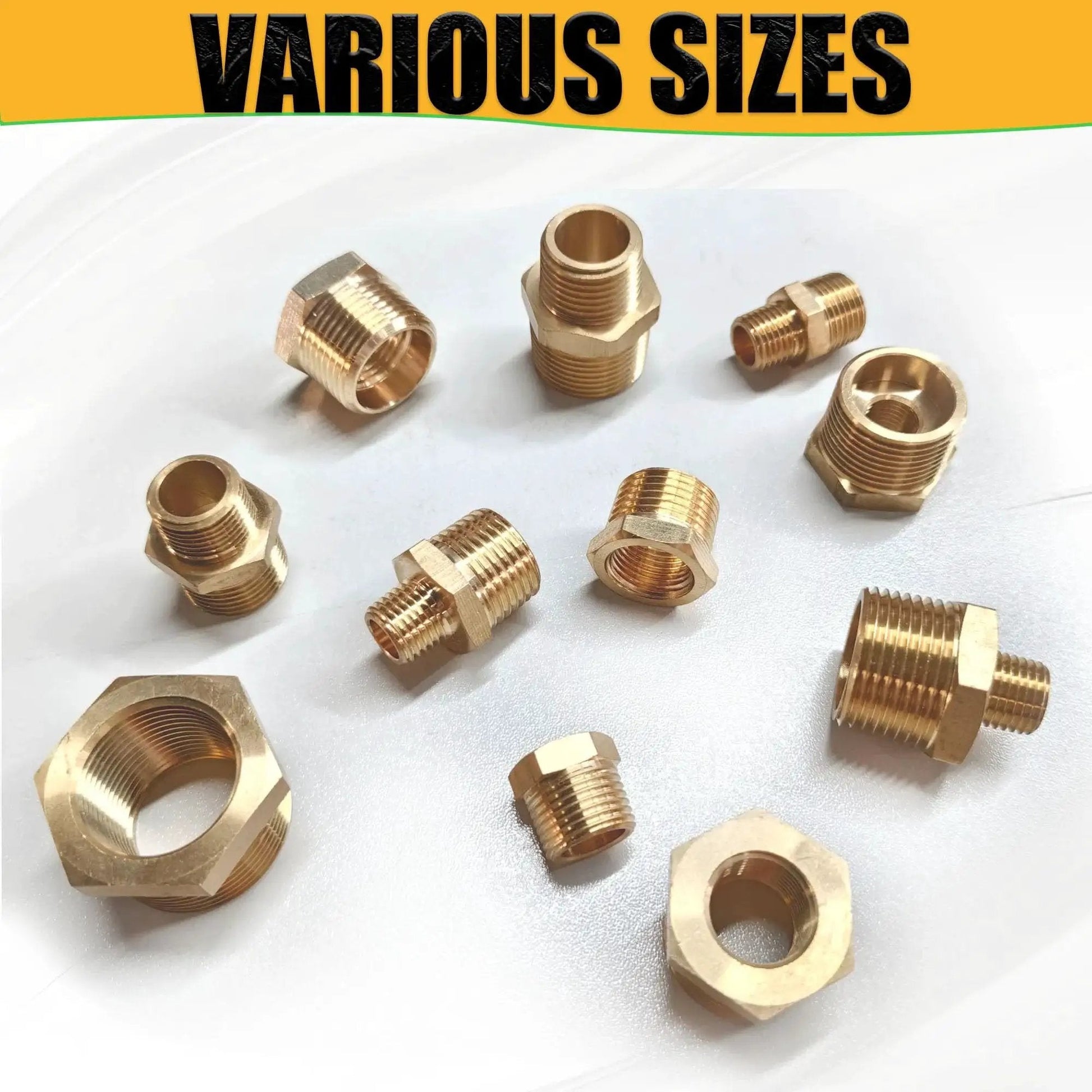 Assorted brass fittings including Two Pack Beefy Brass Three Eighths Inch Male To One Quarter Inch Female NPT Reducer Bushing Fitting visible.