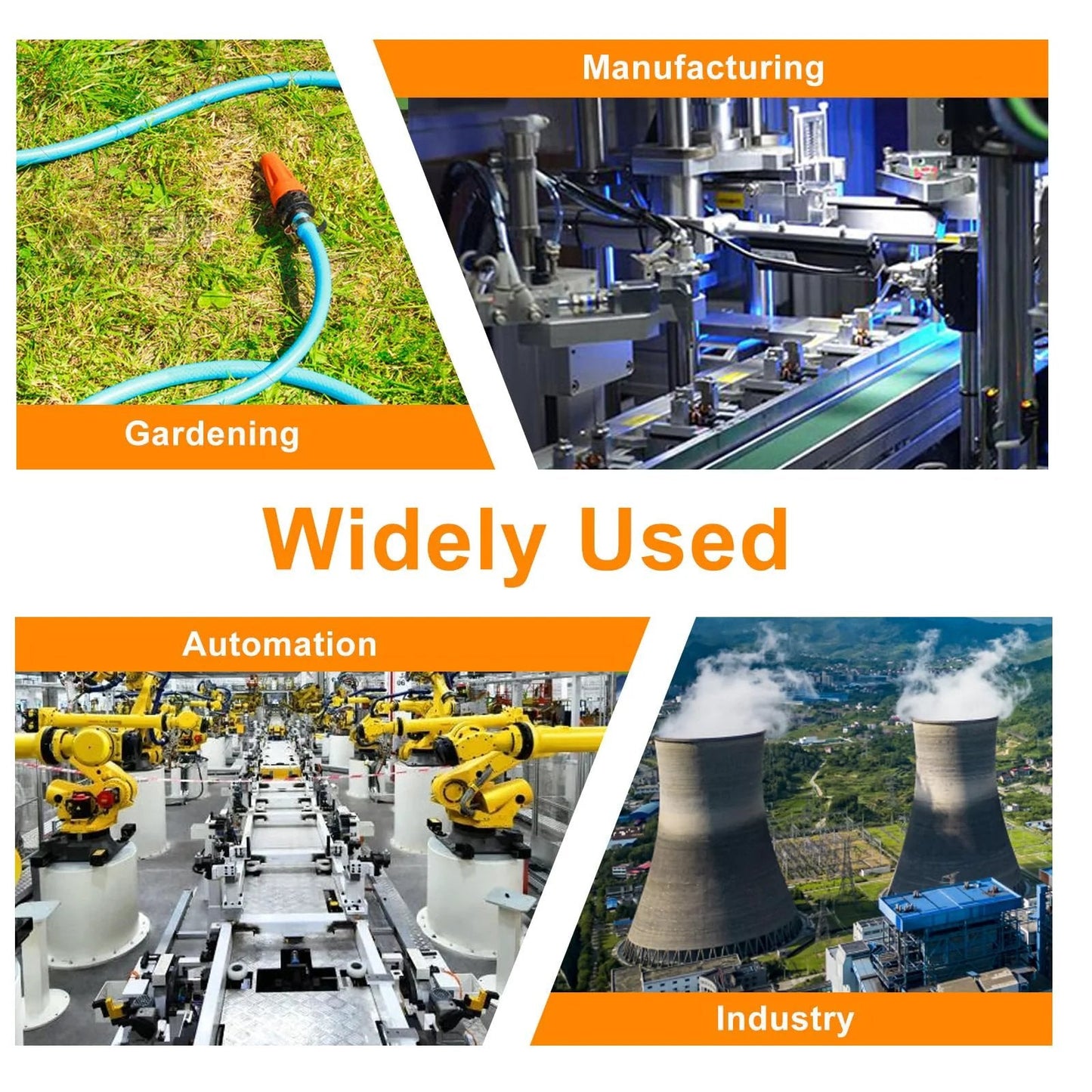 Four images showing applications: garden hose (gardening), manufacturing line (manufacturing), robotic arms (automation), cooling towers (industry).