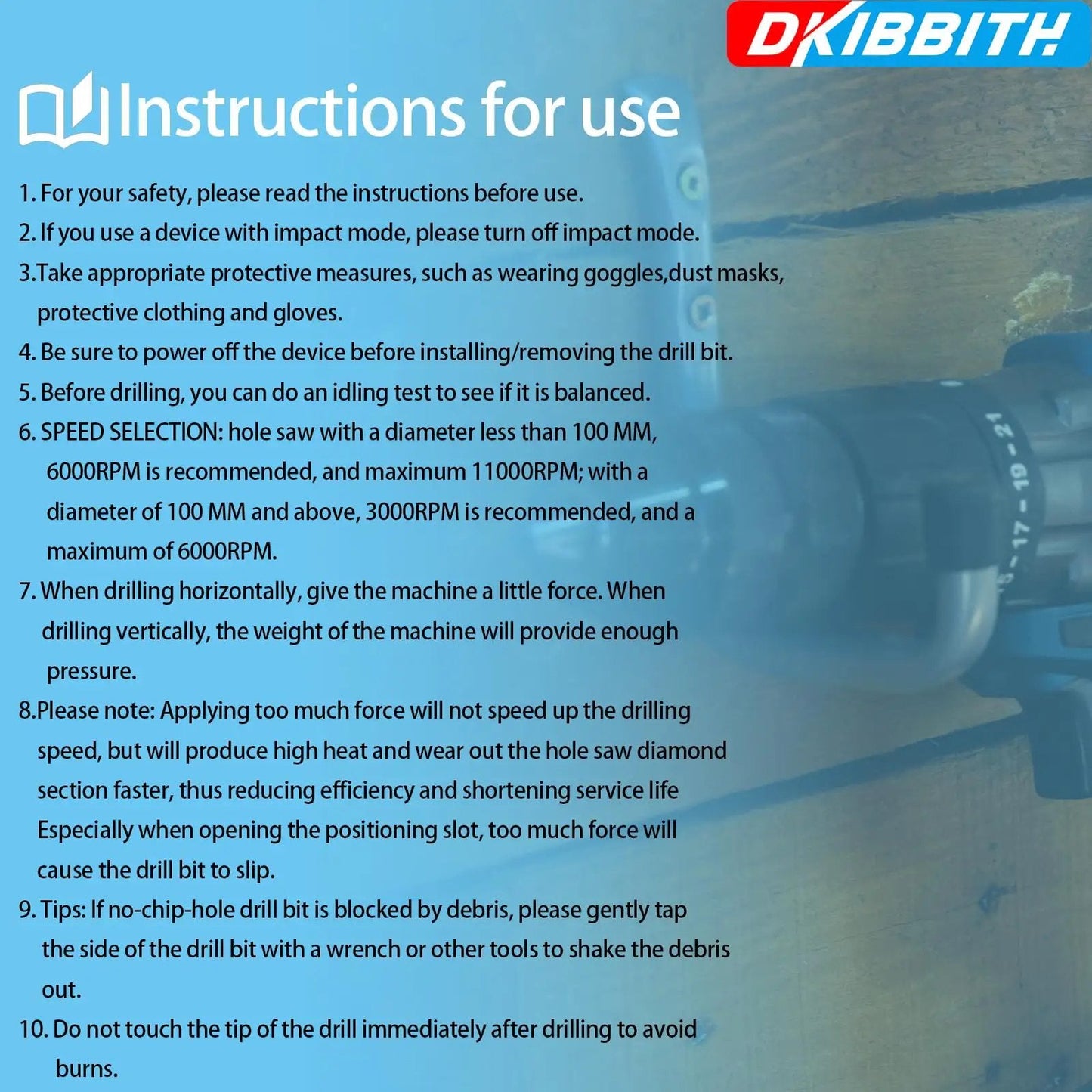 Instructions for use visible with a drill machine in the background.