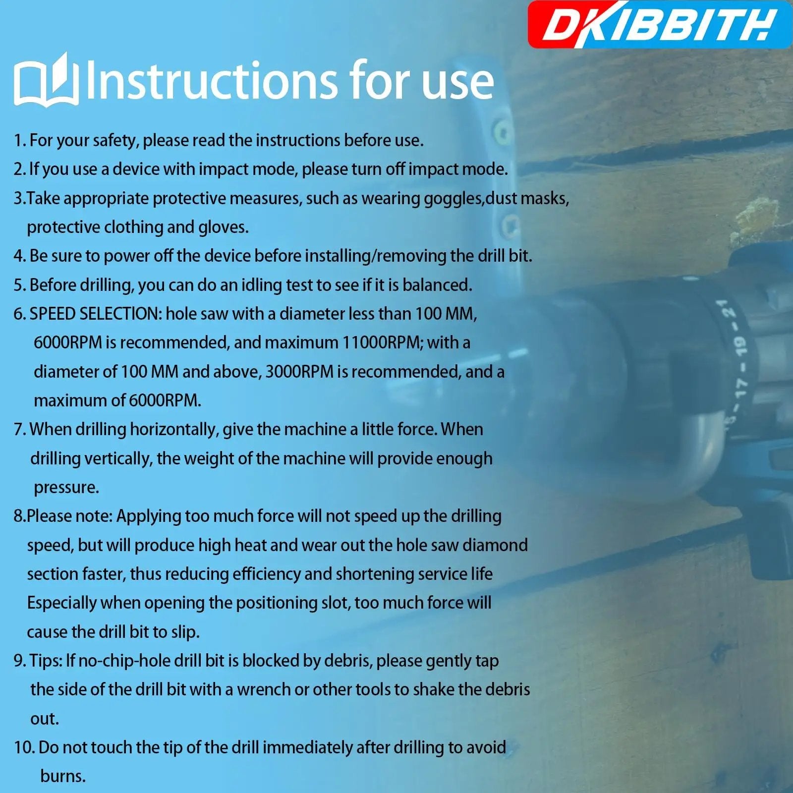 Instructions for use visible with a drill machine in the background.