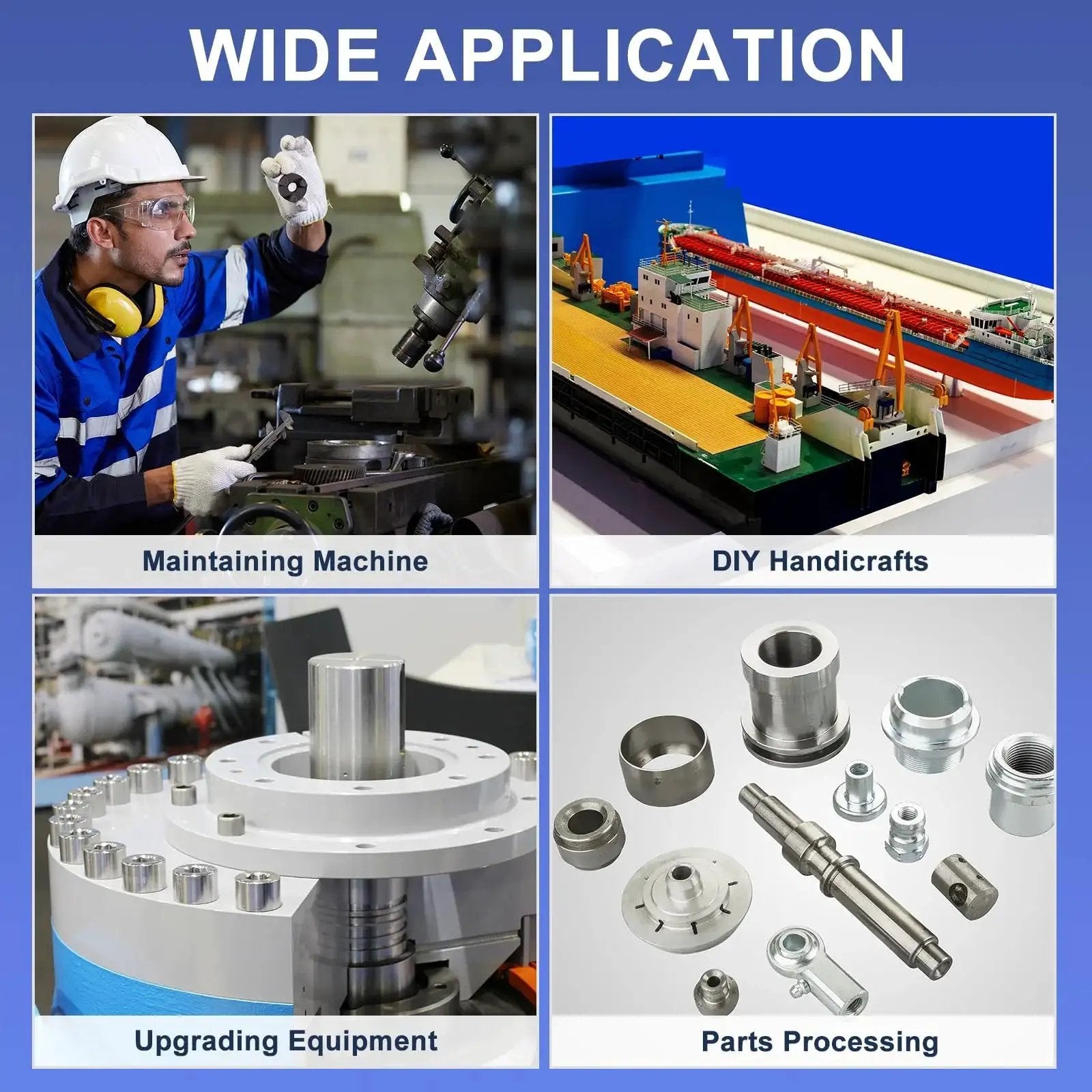 Collage showing various applications of 8 Pack 304 Stainless Steel Spacer 12mm ID 16mm OD 12mm Length Unthreaded Round Standoff Bushing for Screws Bolts Rods in machinery and crafts.