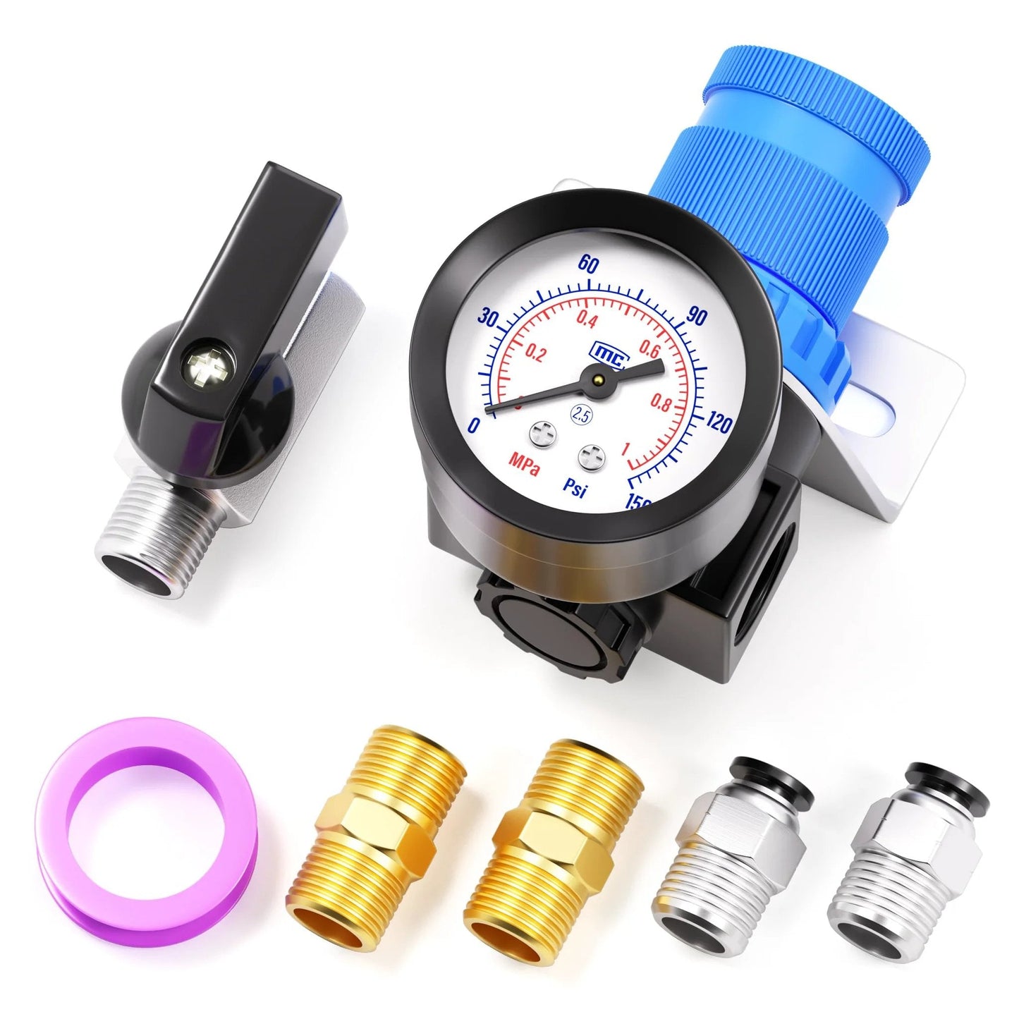 5-in-1 Mini 1/4 Inch NPT Air Pressure Regulator Kit for Compressed Air Systems AR2000 Adjustable 0 to 145 Psi Gauge Port 1/8 Inch NPT Aluminum and Plastic Construction Garage Ready For Your Home Shop And DIY Pneumatic Setups