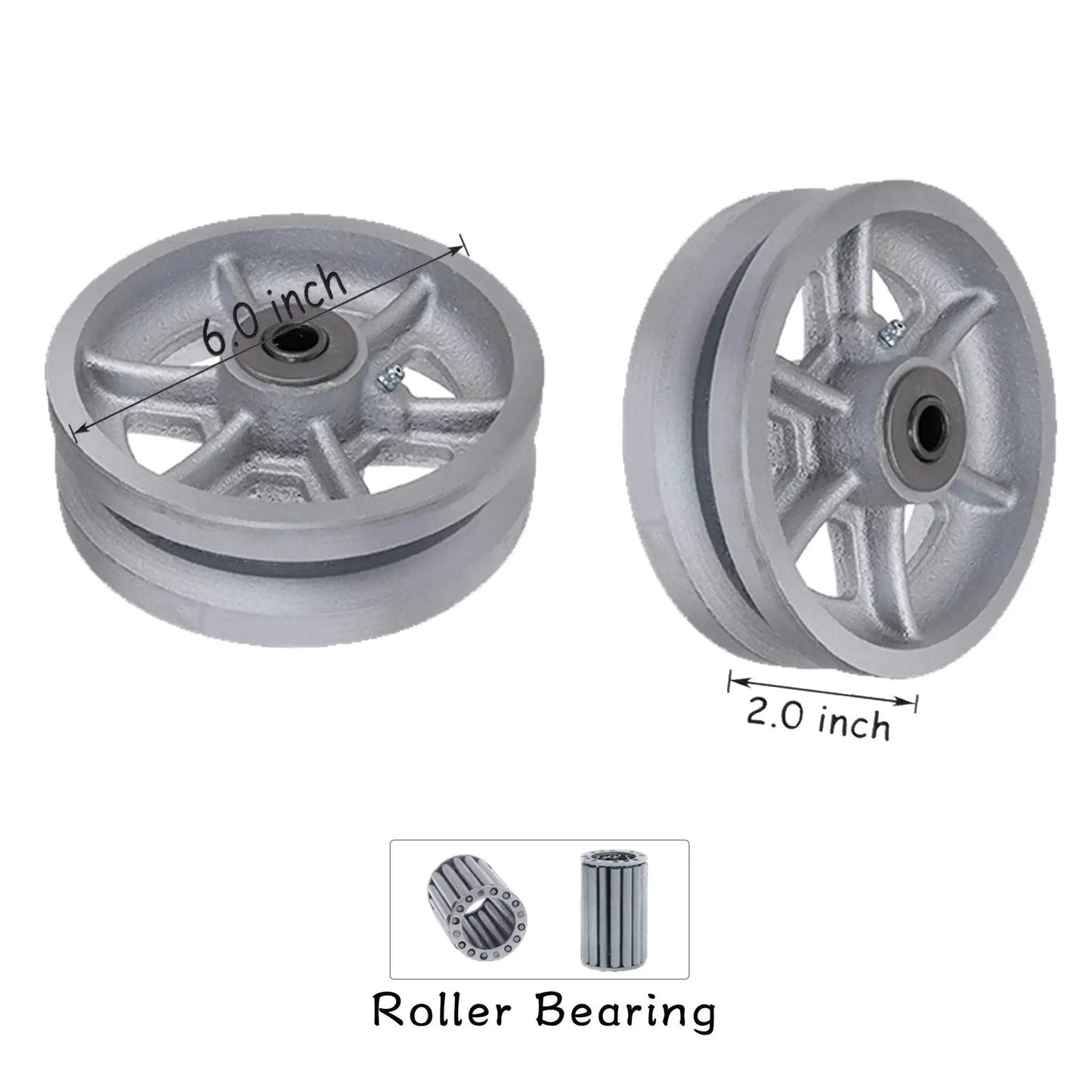 Built To Haul Heavy Duty 6 Inch Cast Iron V Groove Caster Wheels With Straight Roller Bearings, 2 Inch Wide, Silver Finish