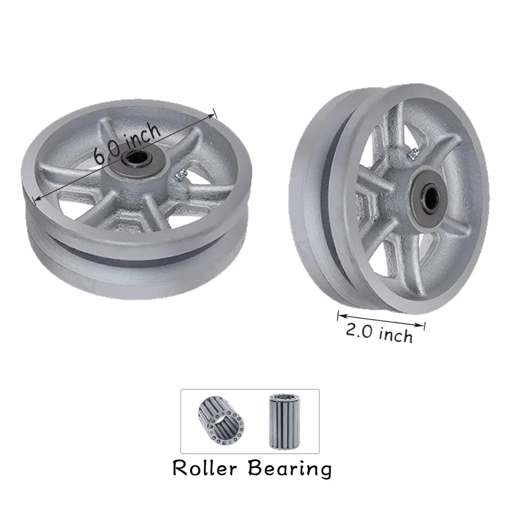 Built To Haul Heavy Duty 6 Inch Cast Iron V Groove Caster Wheels With Straight Roller Bearings, 2 Inch Wide, Silver Finish