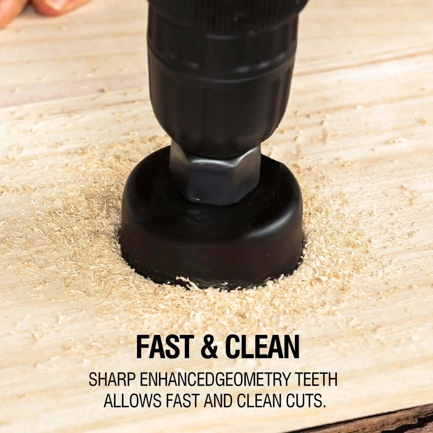 Close-up of Six Piece Hole Saw Kit With Case And Mandrels For Soft Wood PVC And Plywood 1-1/4 To 2-1/8 Inch cutting wood