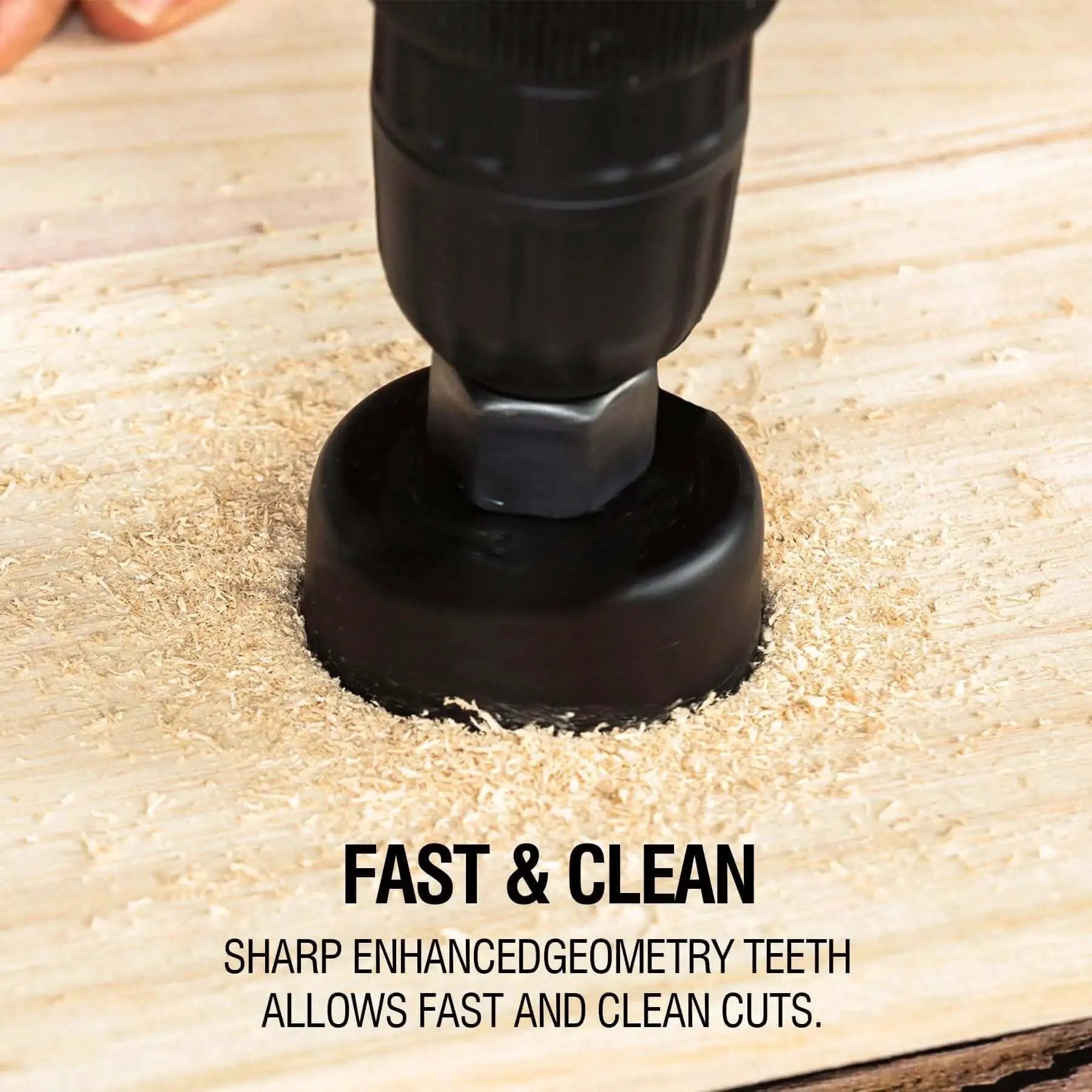 Close-up of Six Piece Hole Saw Kit With Case And Mandrels For Soft Wood PVC And Plywood 1-1/4 To 2-1/8 Inch cutting wood