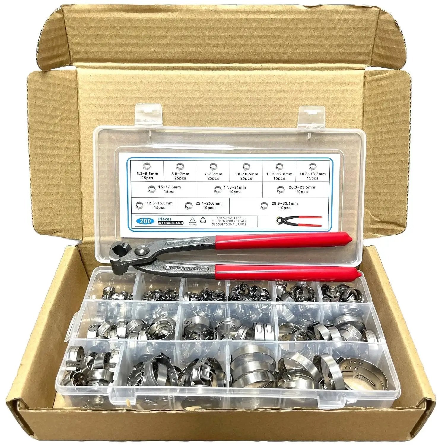 All Purpose Hose Clamp Kit With Pincers Crimper Tool 200 Pcs 304 Stainless Steel Stepless Single Ear 5 To 33mm