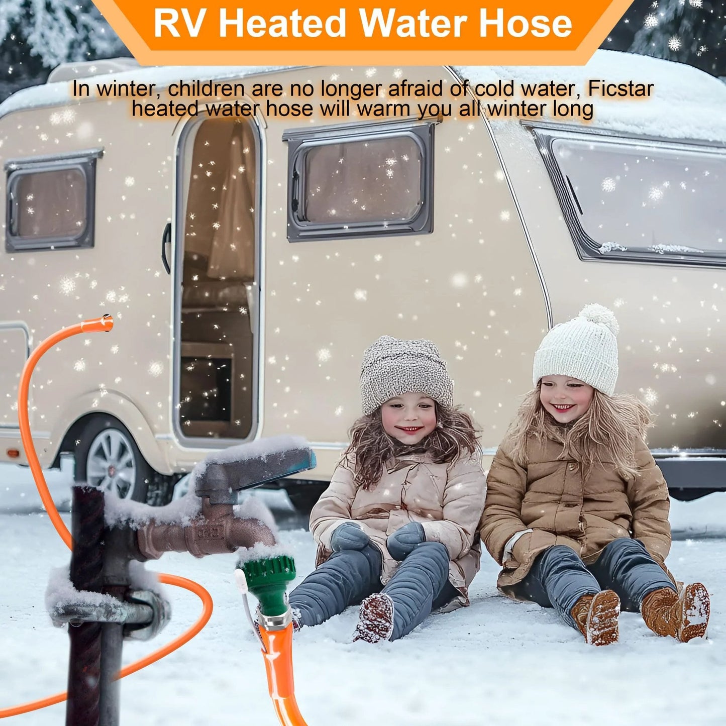 Heavy Duty Twenty Foot Heated RV Water Hose With Self Reg Thermostat For Freezing Conditions Down To Minus Forty Five Fahrenheit connected to outdoor tap in winter with children sitting nearby on snow.