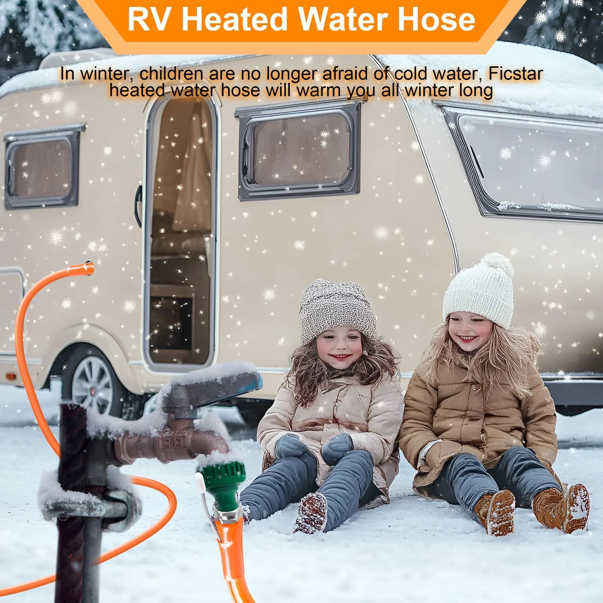 Heavy Duty Twenty Foot Heated RV Water Hose With Self Reg Thermostat For Freezing Conditions Down To Minus Forty Five Fahrenheit connected to outdoor tap in winter with children sitting nearby on snow.
