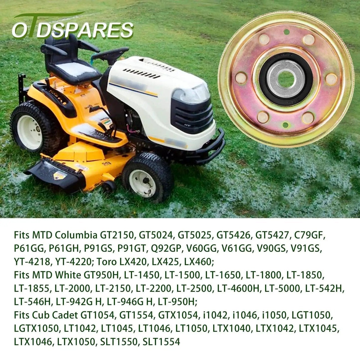 Flat Idler Pulley Replacement For MTD And Toro Lawn Mowers OTDSPARES with yellow pulley and lawn mower in background