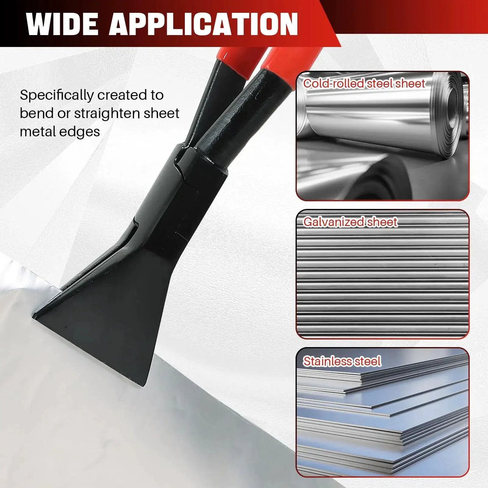 3 Piece Hand Seamers Sheet Metal Tools Set With Straight Jaw And 45 Degree And 90 Degree Benders For Precise Bending And Flattening Of Metal Sheets Ideal For DIY Metalwork And Workshop Projects By DASBET showing sheet metal bending application with cold-rolled, galvanized, and stainless steel.