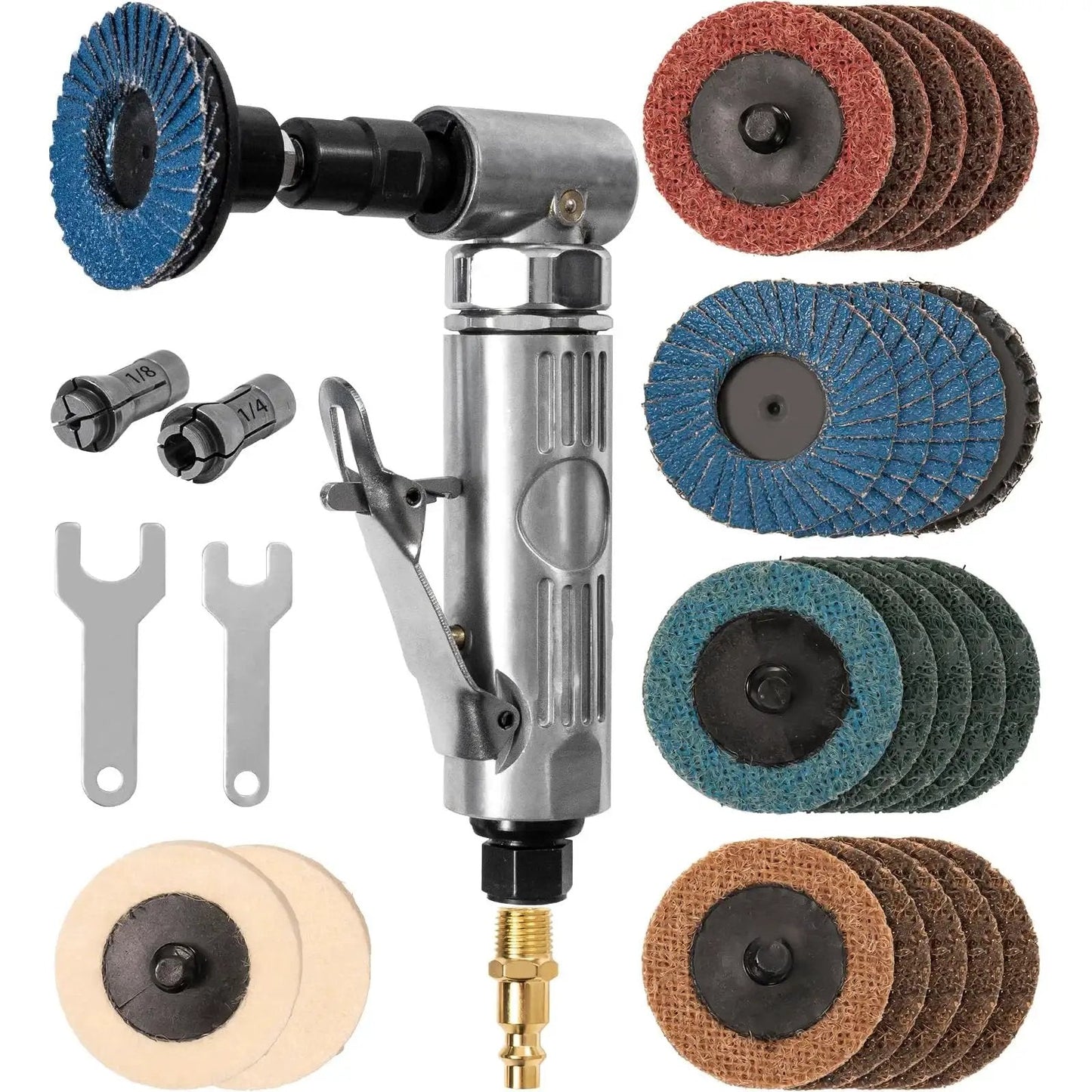 Right Angle Air Die Grinder Kit With Twenty Two Roll Lock Two Inch Sanding Discs And Quarter Inch Pneumatic Die Grinder Tool Mini Angle Grinder For Grinding Polishing Deburring In Tight Spaces Up To 20000 RPM And 90 Degree Head Design with various sanding discs and wrenches