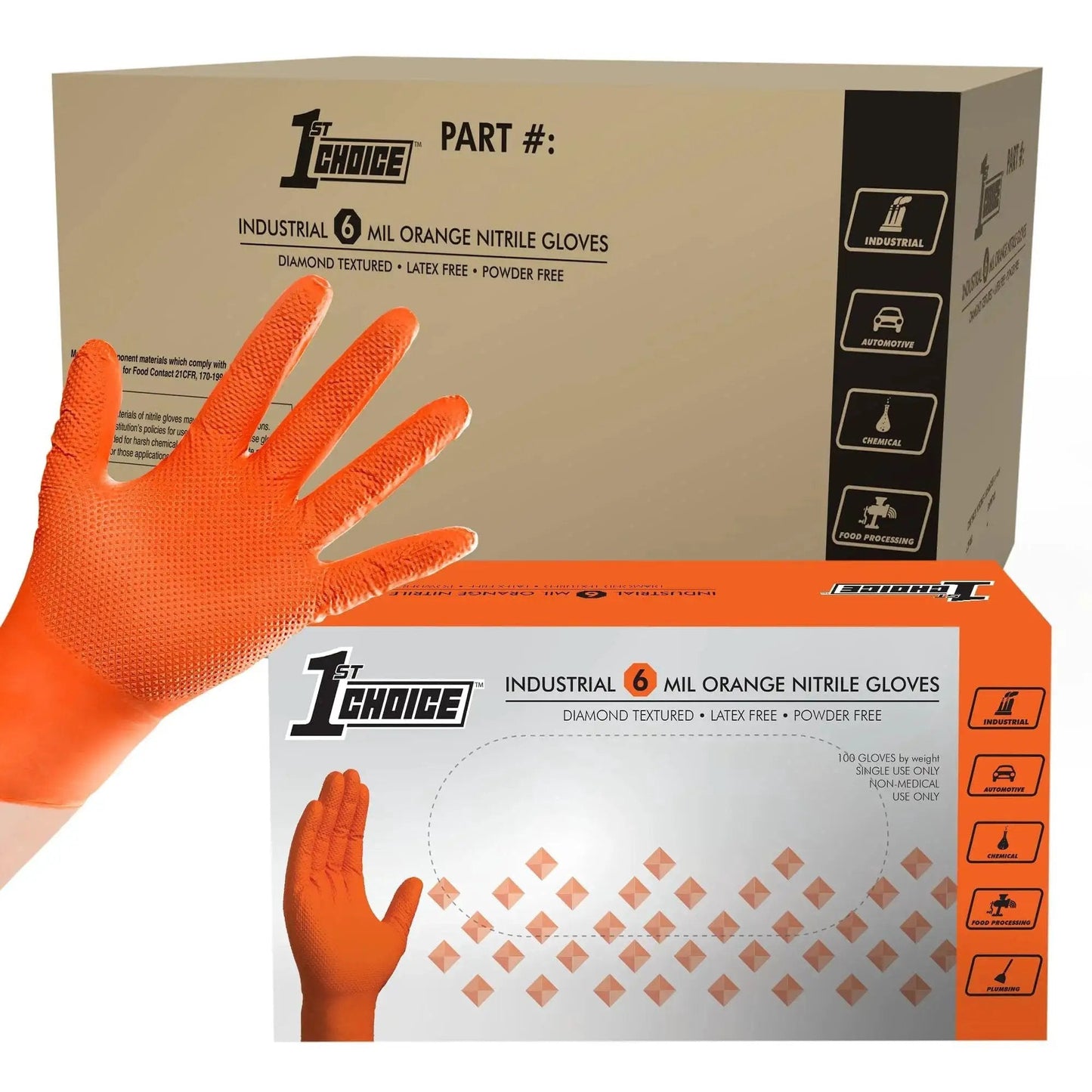 Orange Nitrile Disposable Gloves 6 Mil Raised Diamond Grip Latex Free Mechanics packaging and glove