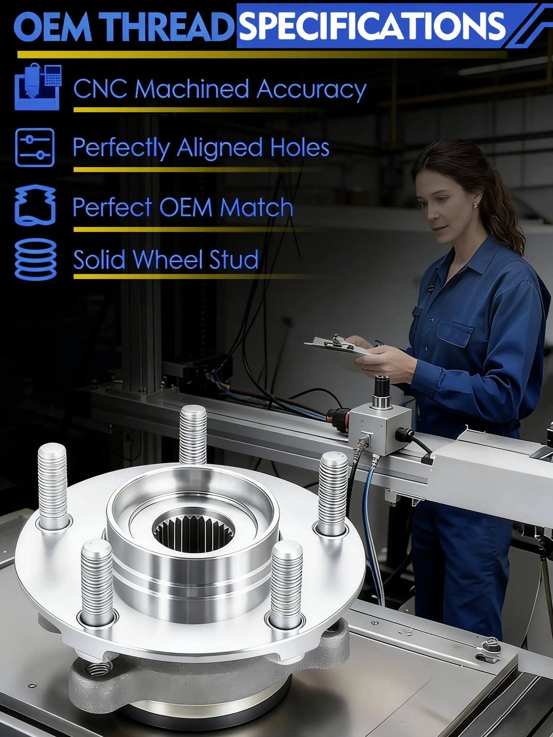 OEM thread specification for Single Front Wheel Hub Bearing Assembly, Fits Chevy Impala Monte Carlo Uplander, with machining details.