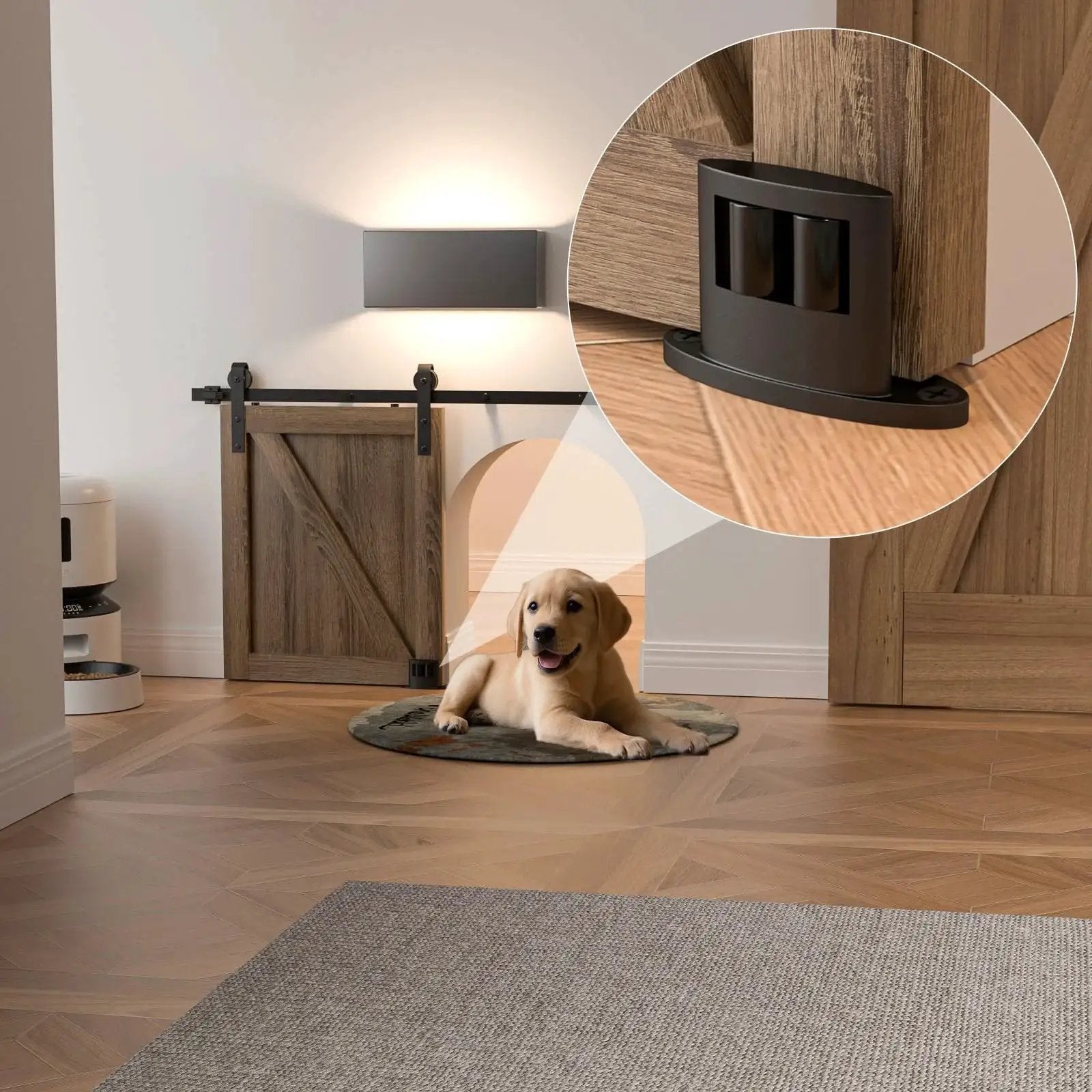 Sliding Barn Door Floor Guide For Bottom Installations, Adjustable Wall Mounted Guide With Flexible Double Wheel Design, 4 Pack, black color, close-up view of guide installed on floor with door.
