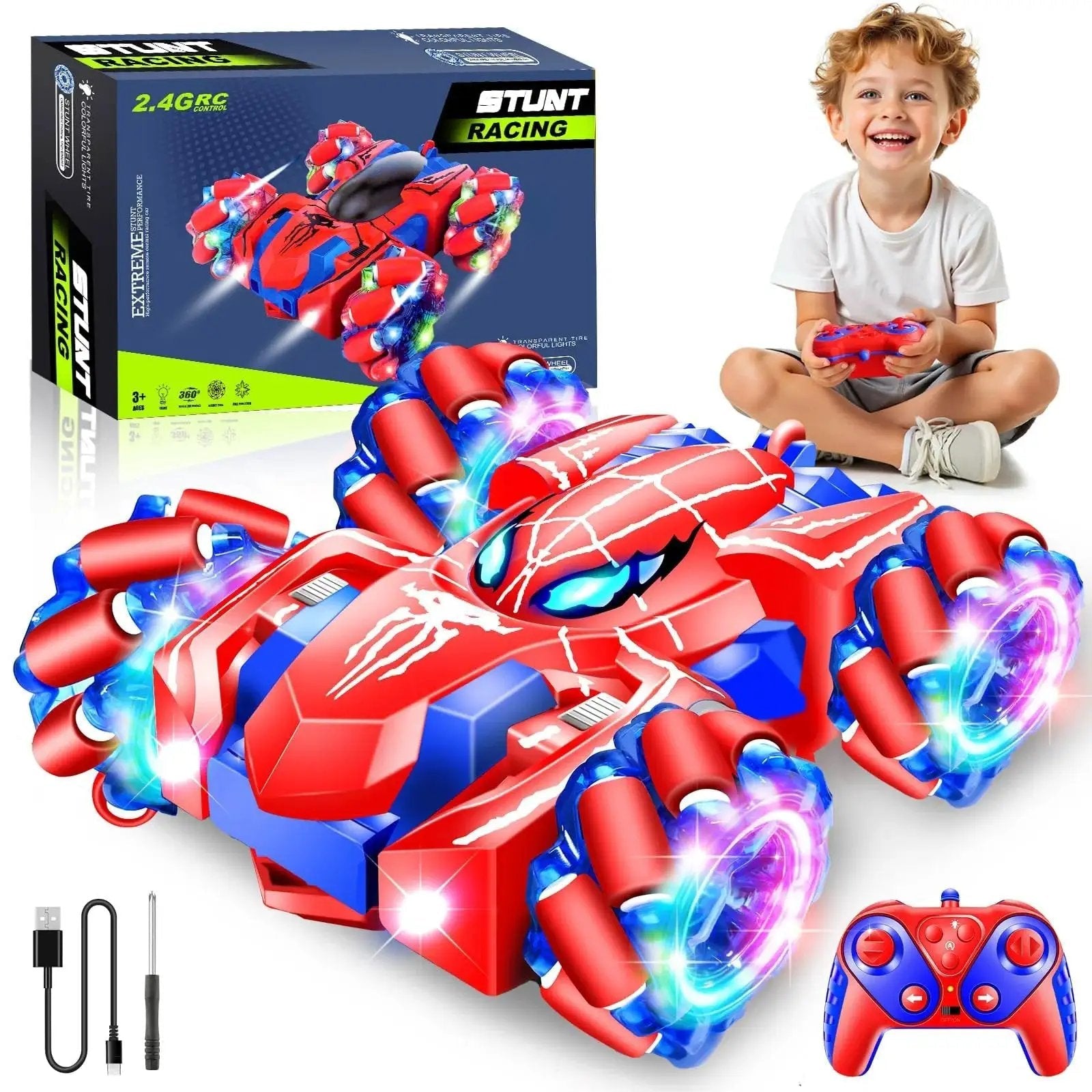 Kids 2.4GHz Rechargeable RC Car With 360 Degree Rotating Dual Side Driving 4WD Stunt Vehicle, child playing with remote control