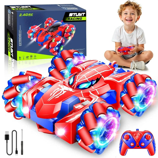 Kids 2.4GHz Rechargeable RC Car With 360 Degree Rotating Dual Side Driving 4WD Stunt Vehicle, child playing with remote control