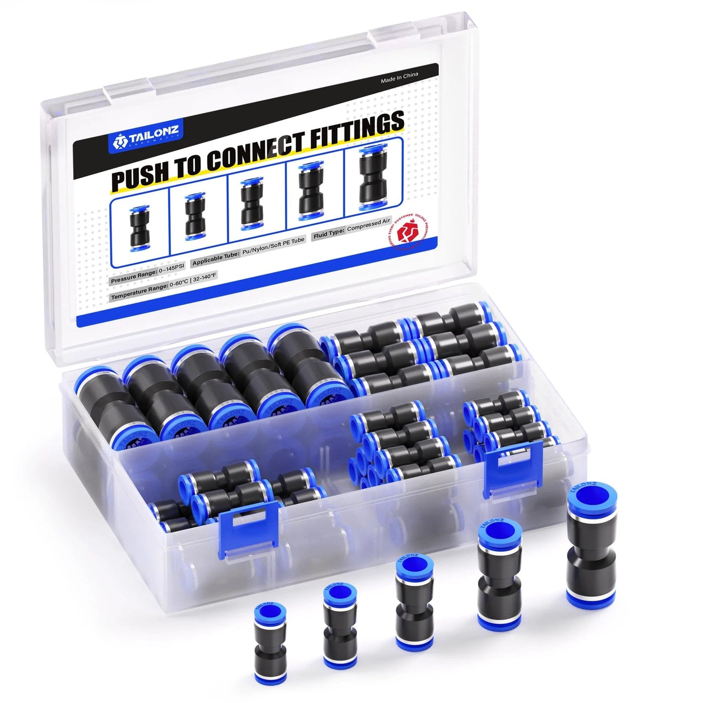 Pneumatic Straight Push Connectors Set Of 50 Pcs For Air Lines Go To 2 Way Quick Release Fittings Tube Sizes 5/32 Inch 1/4 Inch 5/16 Inch 3/8 Inch And 1/2 Inch Blue Compatible With PU PA PE PVC Tubing 0 To 145 PSI shown in a clear plastic box